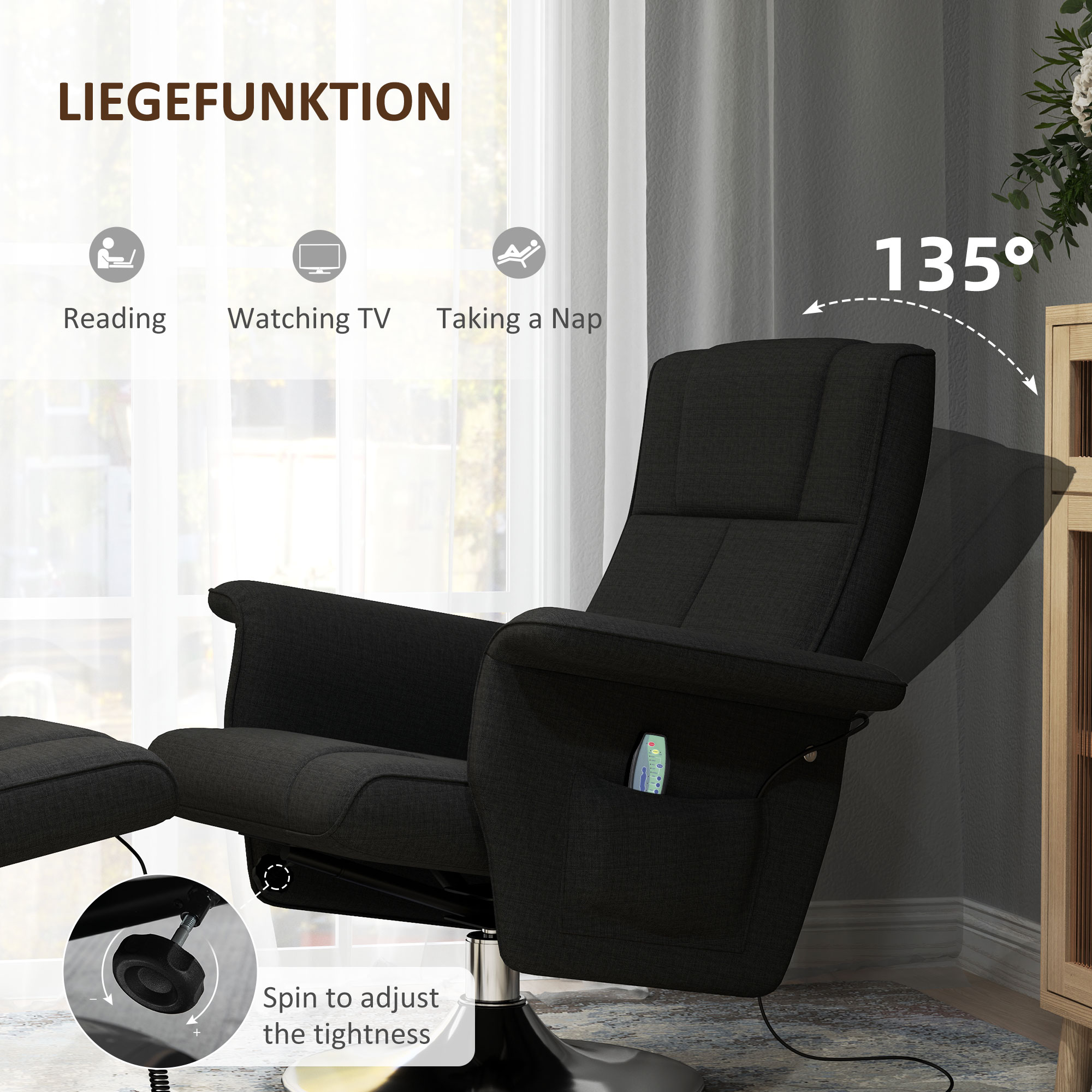 HOMCOM Massagesessel met Kruk, Kantelbare Rugleuning, 78 x 95 x 88 cm, Zwart