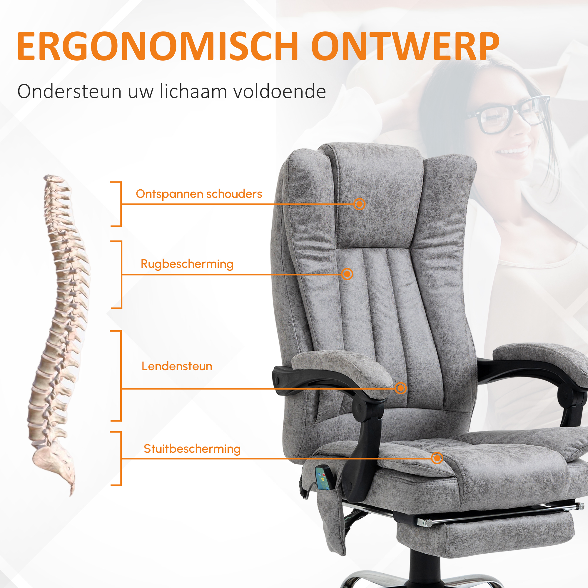 HOMCOM Bureaustoel massagestoel verwarmingsfunctie ligfunctie voetensteun grijs