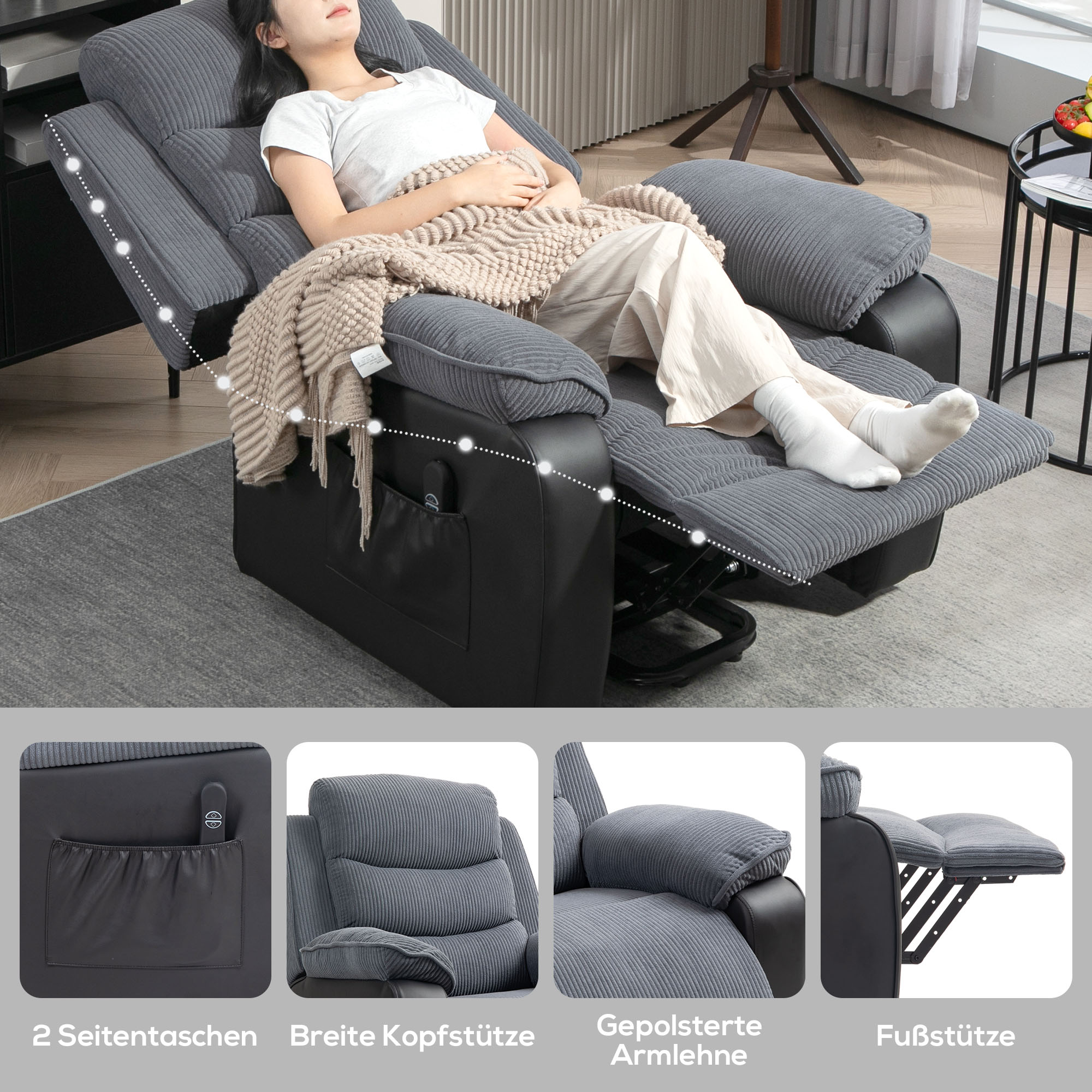 HOMCOM Opsta-fauteuil met Zacht Corduroy Bekleding, Recliner-Stoel met Afstandsbediening en Zijvakken, Donkergrijs