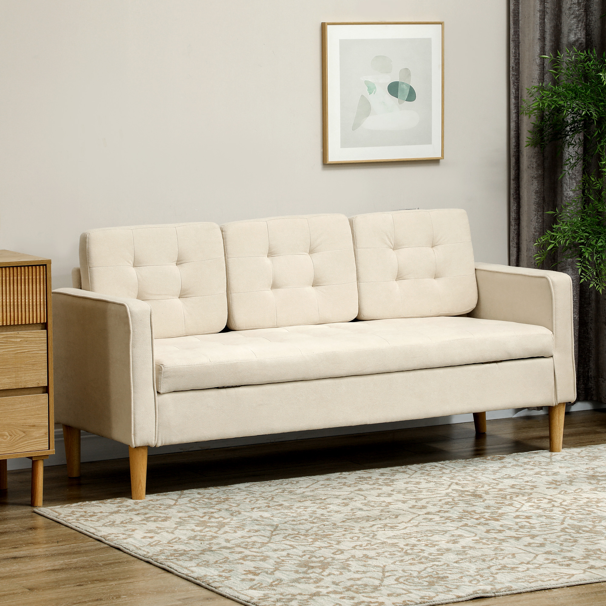 HOMCOM 3-Zits Sofa met Opbergruimte, Knoopstiksel, Gepolsterde Bank, 166,5 x 62 x 82 cm, Crèmewit