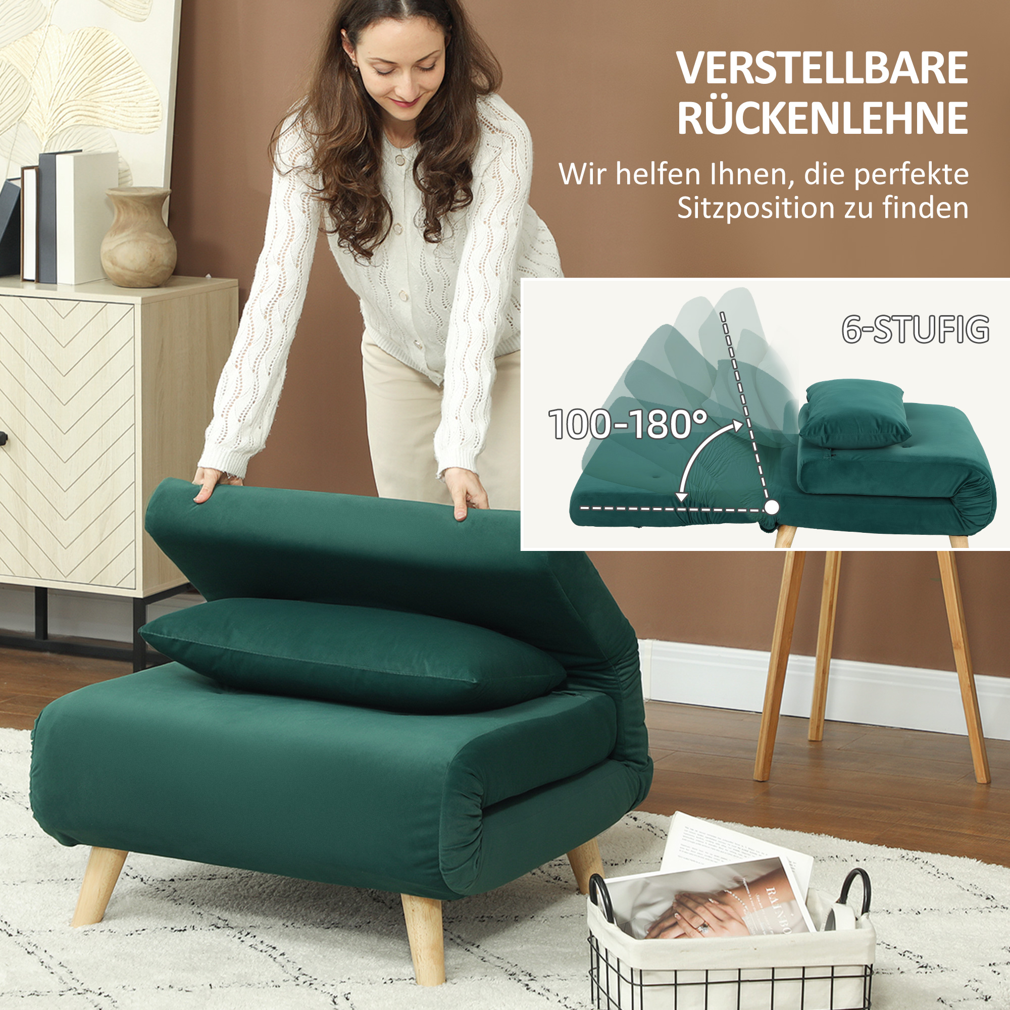HOMCOM Opklapbare Stoel met Bedfunctie, Opvouwbare Relaxstoel in Fluweel Look, Verstelbare Rugleuning, tot 120 kg Belastbaar, Donkergroen