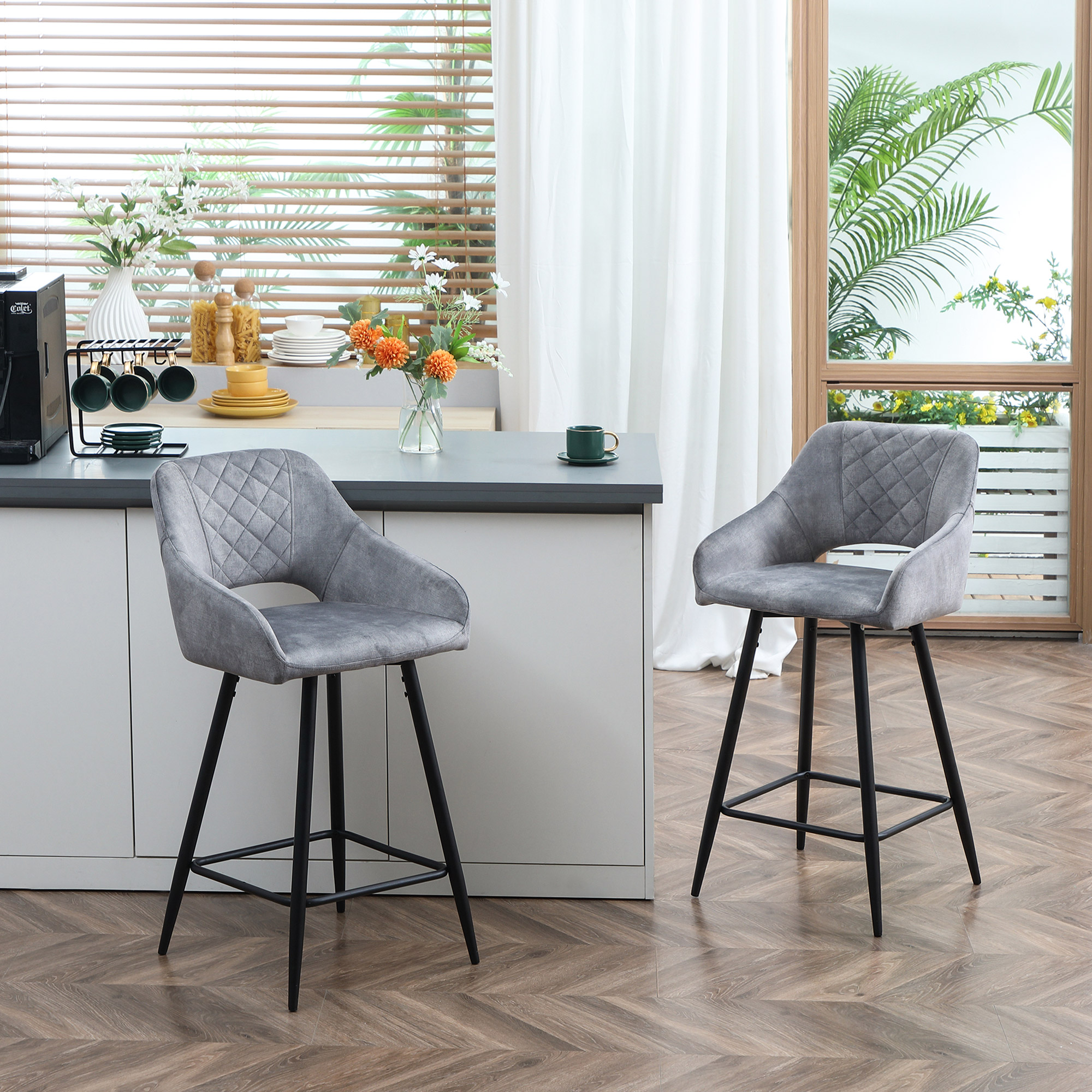 HOMCOM set van 2 barkrukken in retrostijl, fluwelen look, inclusief voetsteun 50 cm x 53 cm x 94 cm grijs