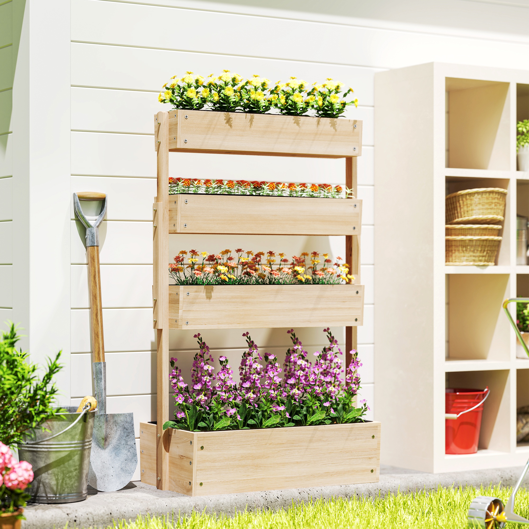 Outsunny Houten Verhoogd Bed, 4-laags Plantenbed met Drainagegaten, 88,5 x 45 x 140 cm Natuurhout