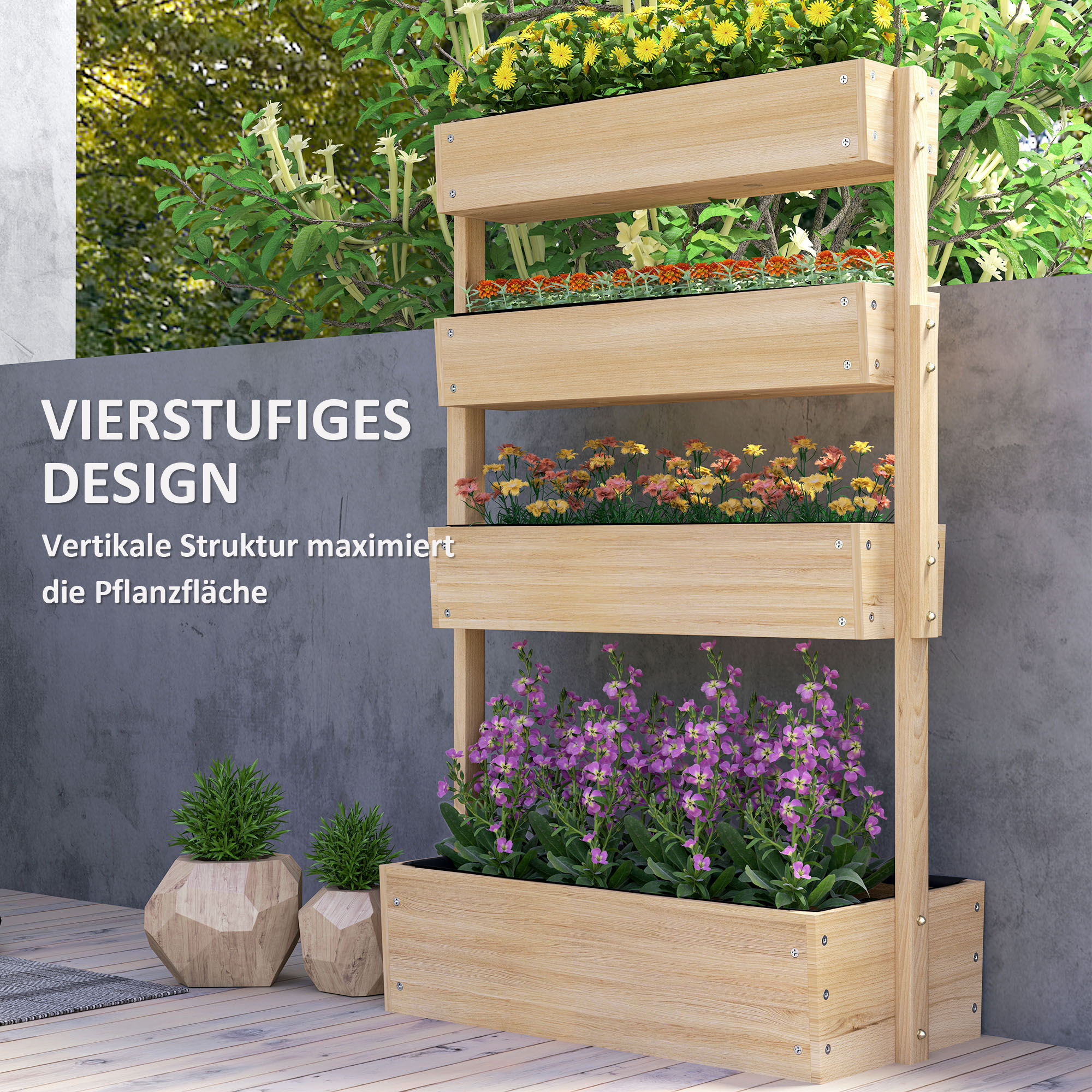 Outsunny Houten Verhoogd Bed, 4-laags Plantenbed met Drainagegaten, 88,5 x 45 x 140 cm Natuurhout