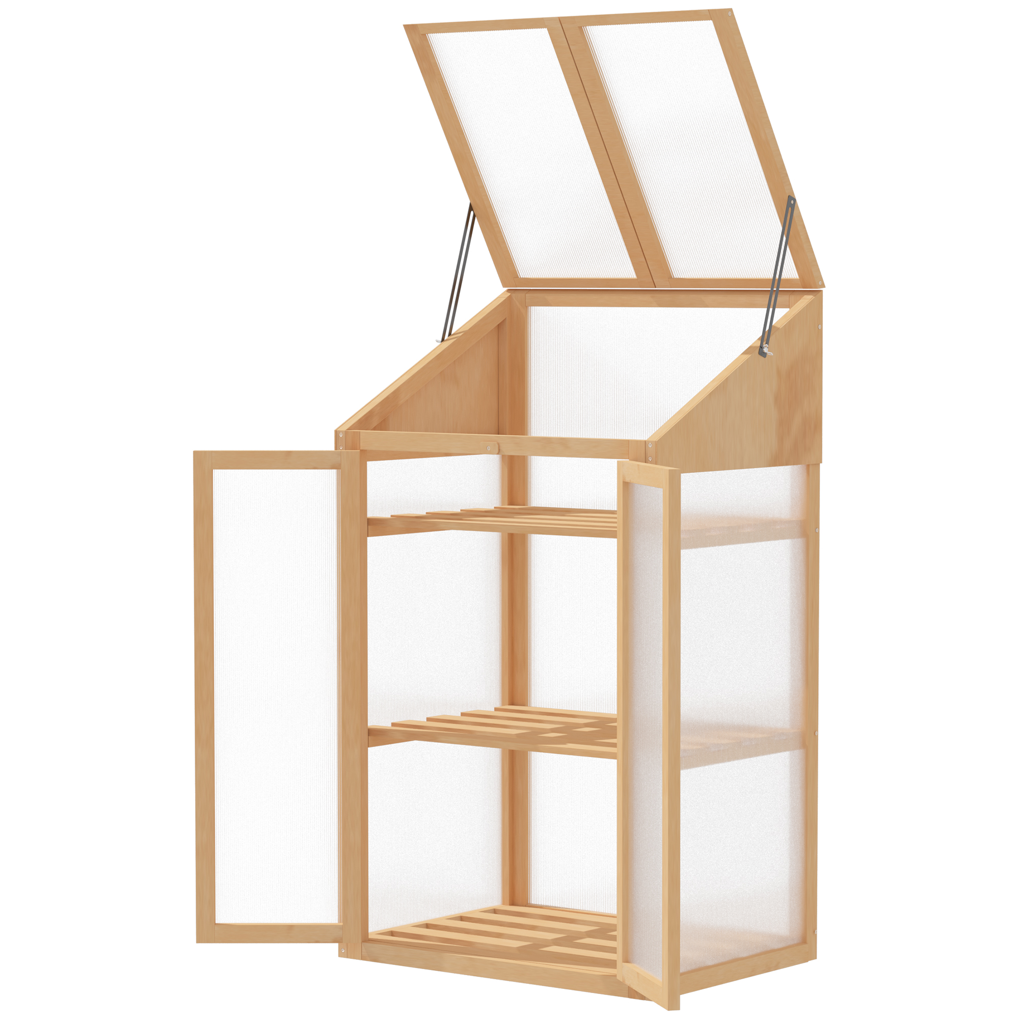 Outsunny Mini-kas, Klein Kas met Houten Frame, Vensters en Dubbele Deur, 3 Planken, 70L x 50B x 120H cm, Bruin