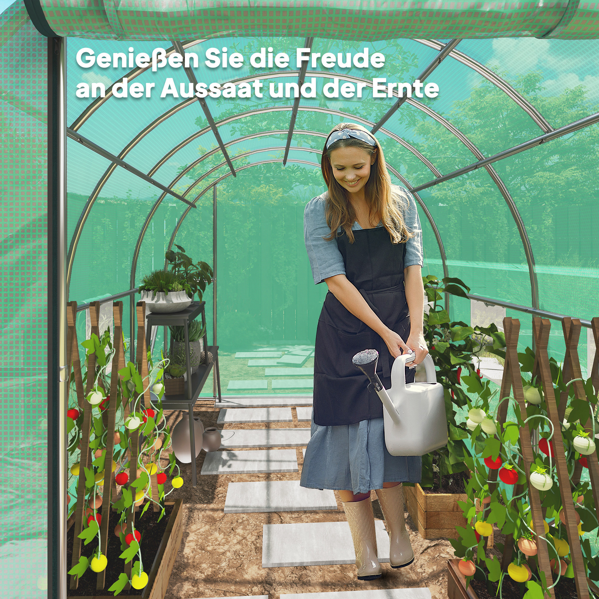 Outsunny Polytunnel Kas met Kunststof Afdekking en Stalen Frame, Beleefbare Kas met Roldeuren, Groen