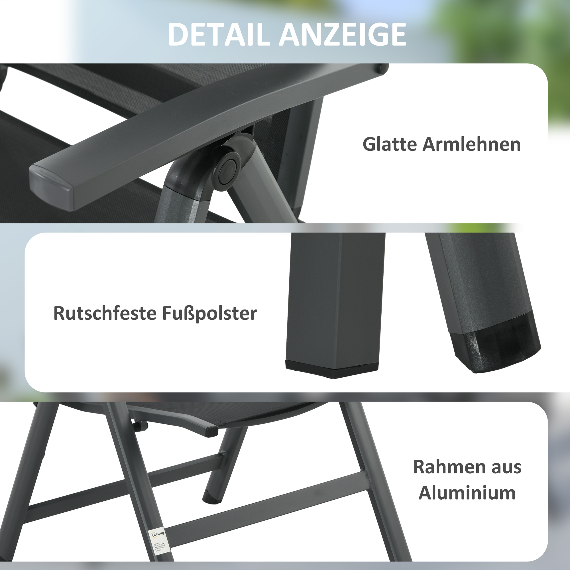Outsunny Tuinset voor buiten, 4 inklapbare stoelen, tafel met glazen blad, verstelbare rugleuning, aluminium, donkergrijs