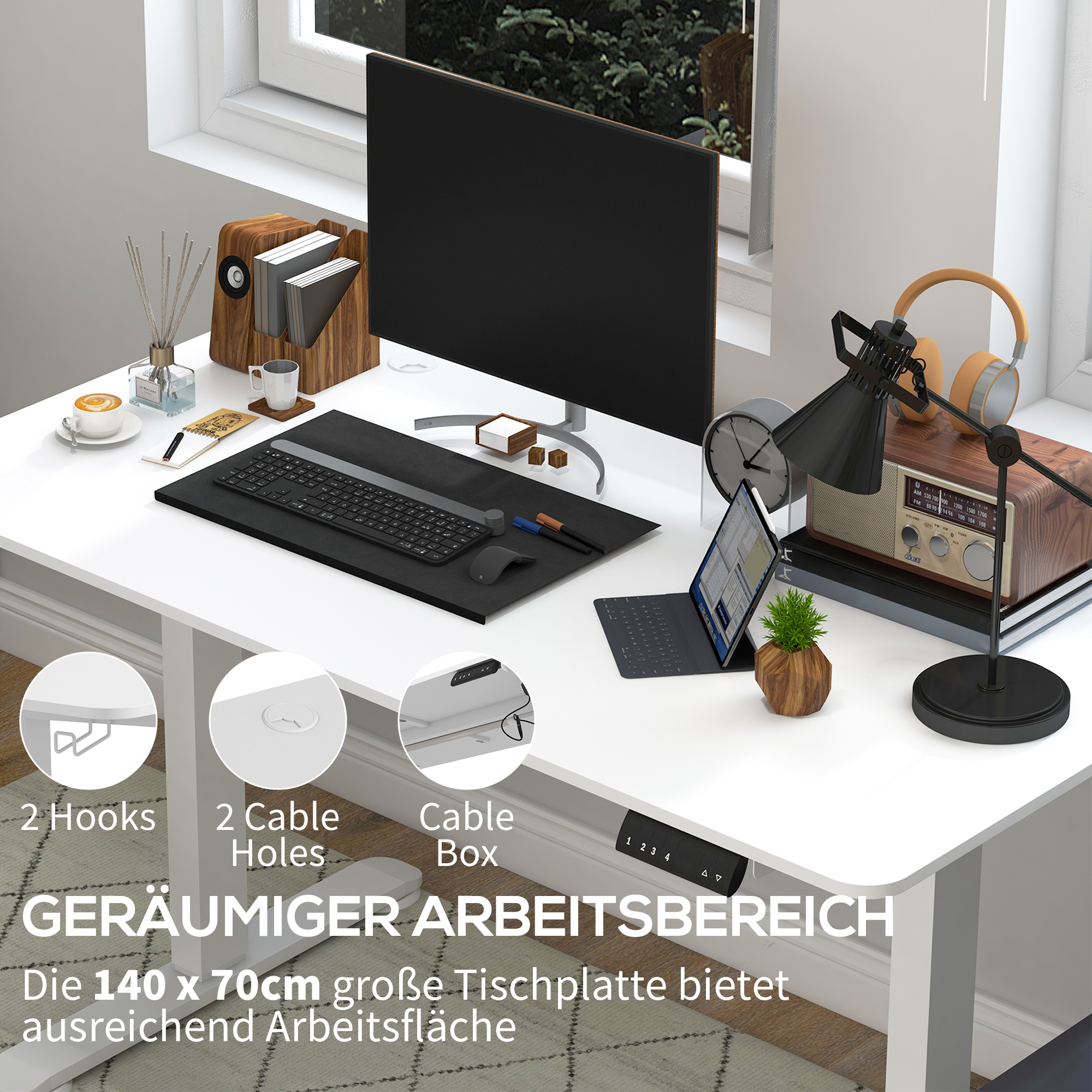 Vinsetto Elektrisch Verstelbaar Sta-Bureau Computertafel, 140 cm x 70 cm x 116 cm, Wit