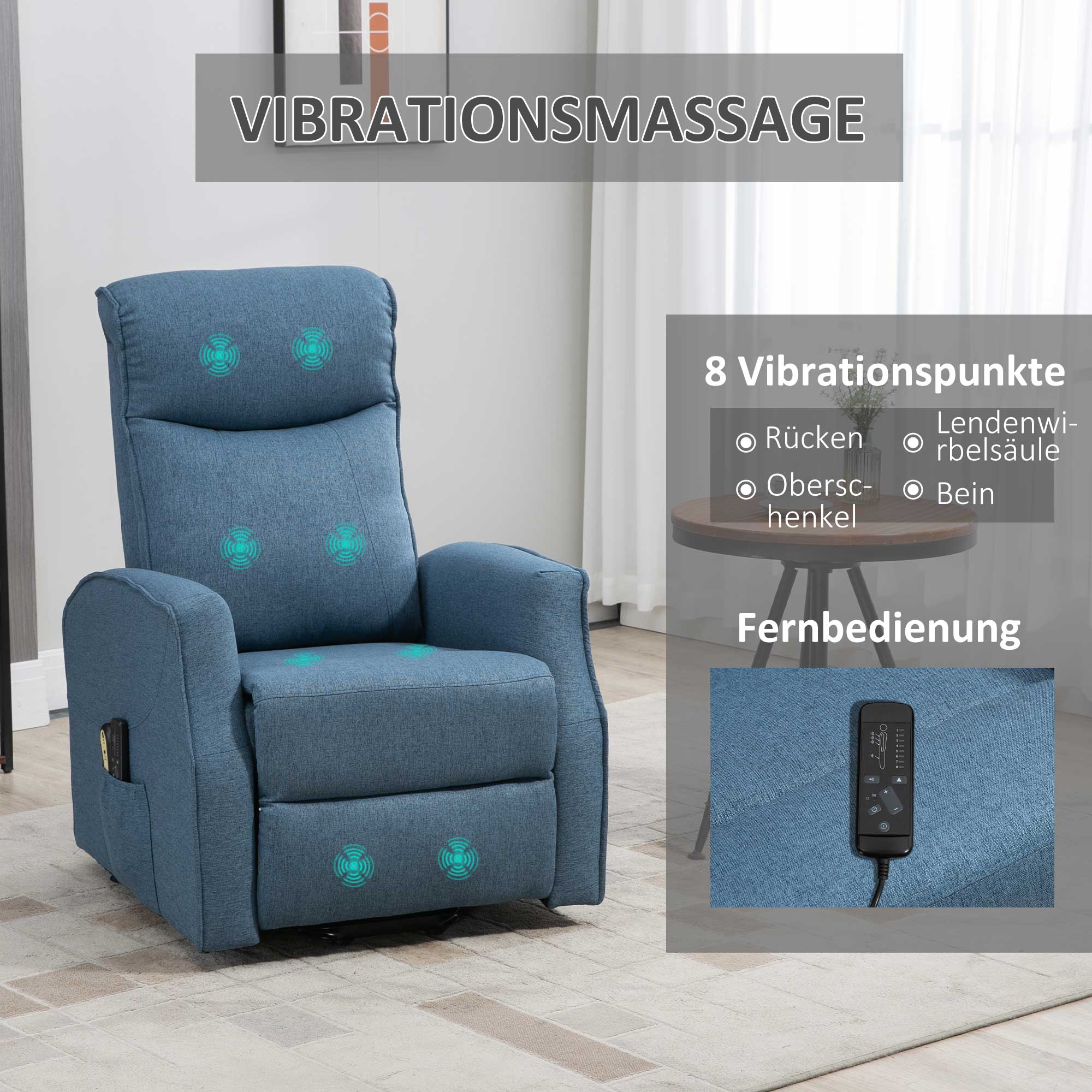 HOMCOM Massagestoel met opsta-hulp, relaxstoel, inclusief afstandsbediening, 1 zijvak, voetensteun, blauw