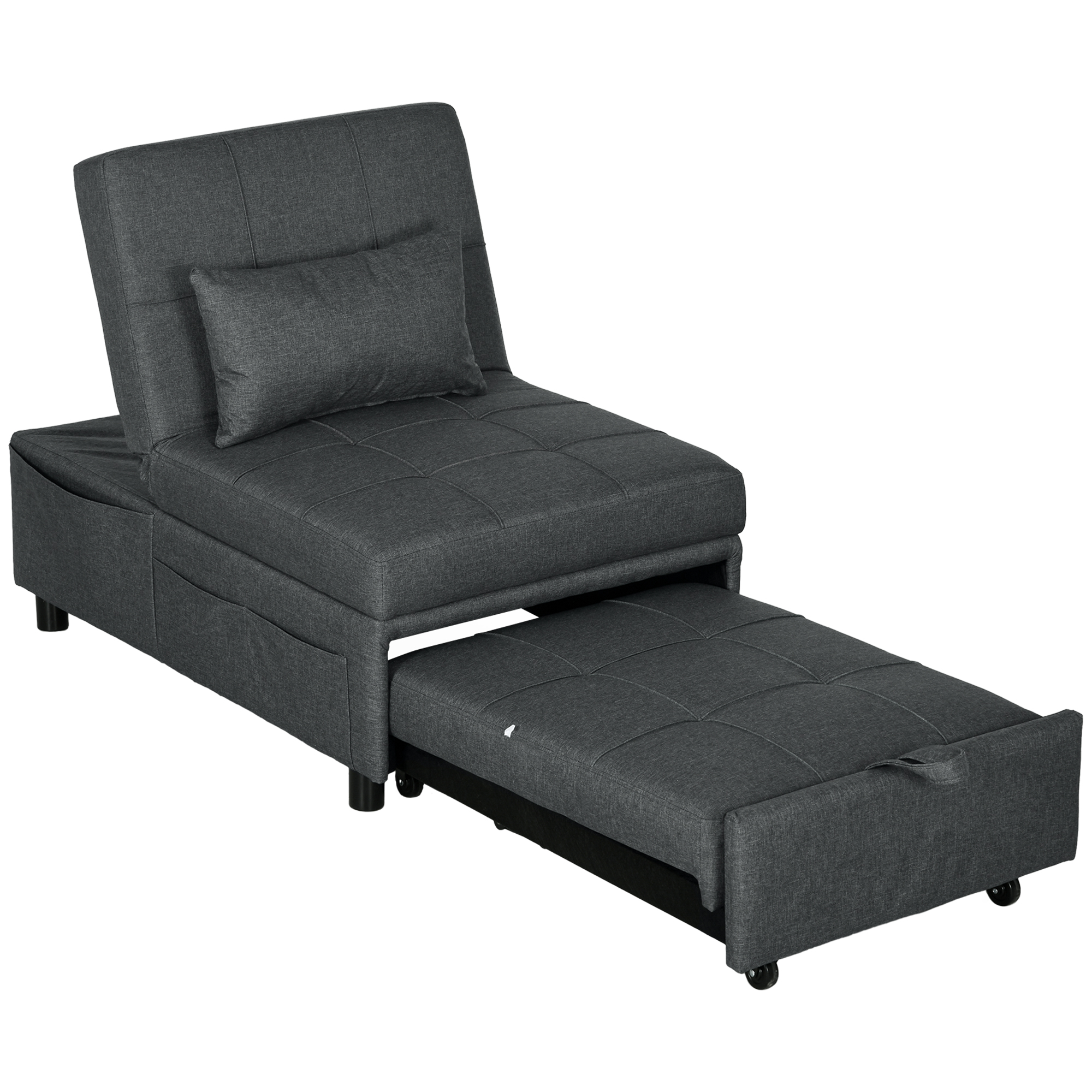 HOMCOM Ligstoel Slaapstoel 3-in-1 Stoel, linnenlook, inclusief kussen, 65,5 cm x 104 cm x 81 cm, Donkergrijs