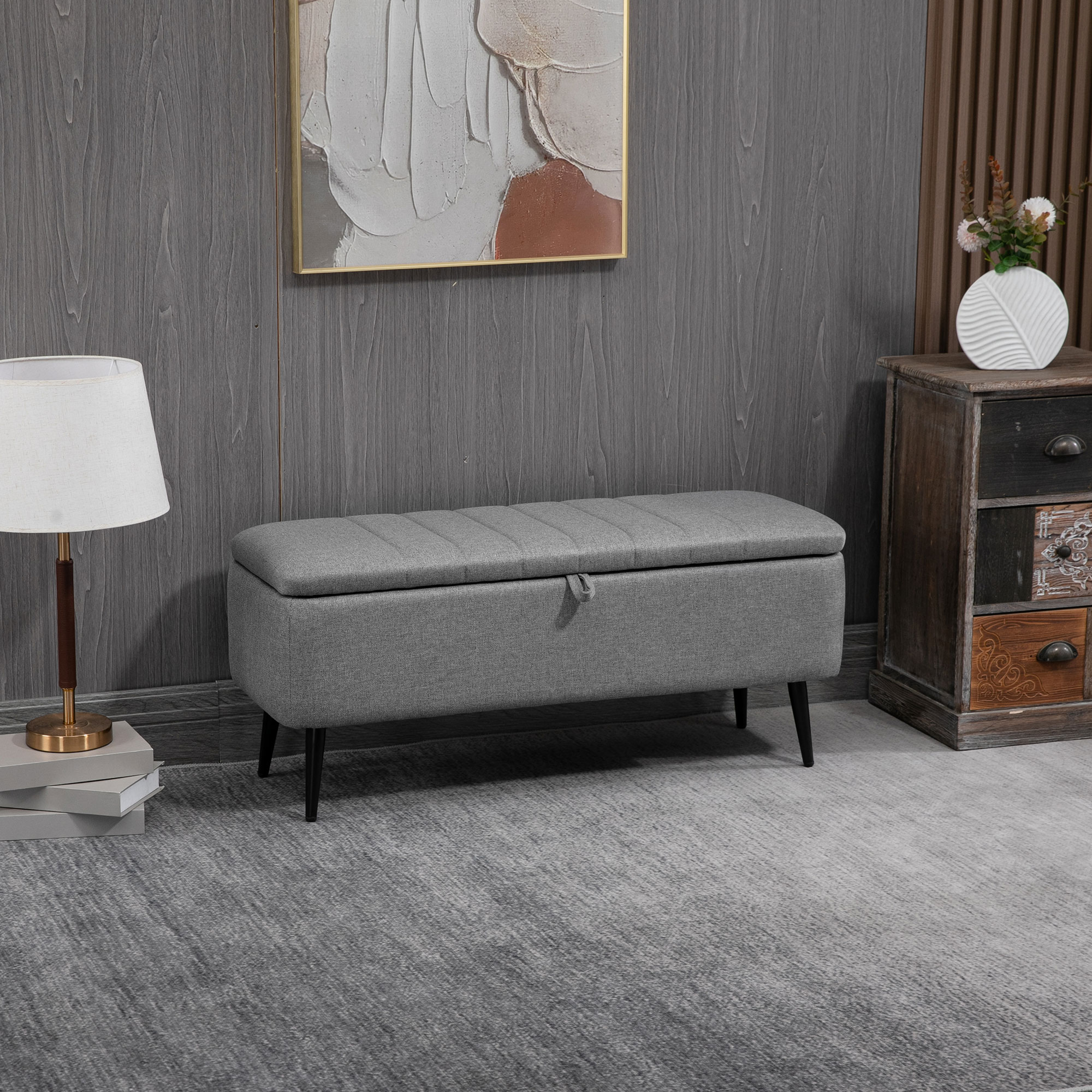 HOMCOM Zitbank met Opbergruimte, Gestoffeerde Bank met Linnenlook, Opbergbank met Stalen Poten 102 x 40 x 44 cm, Grijs