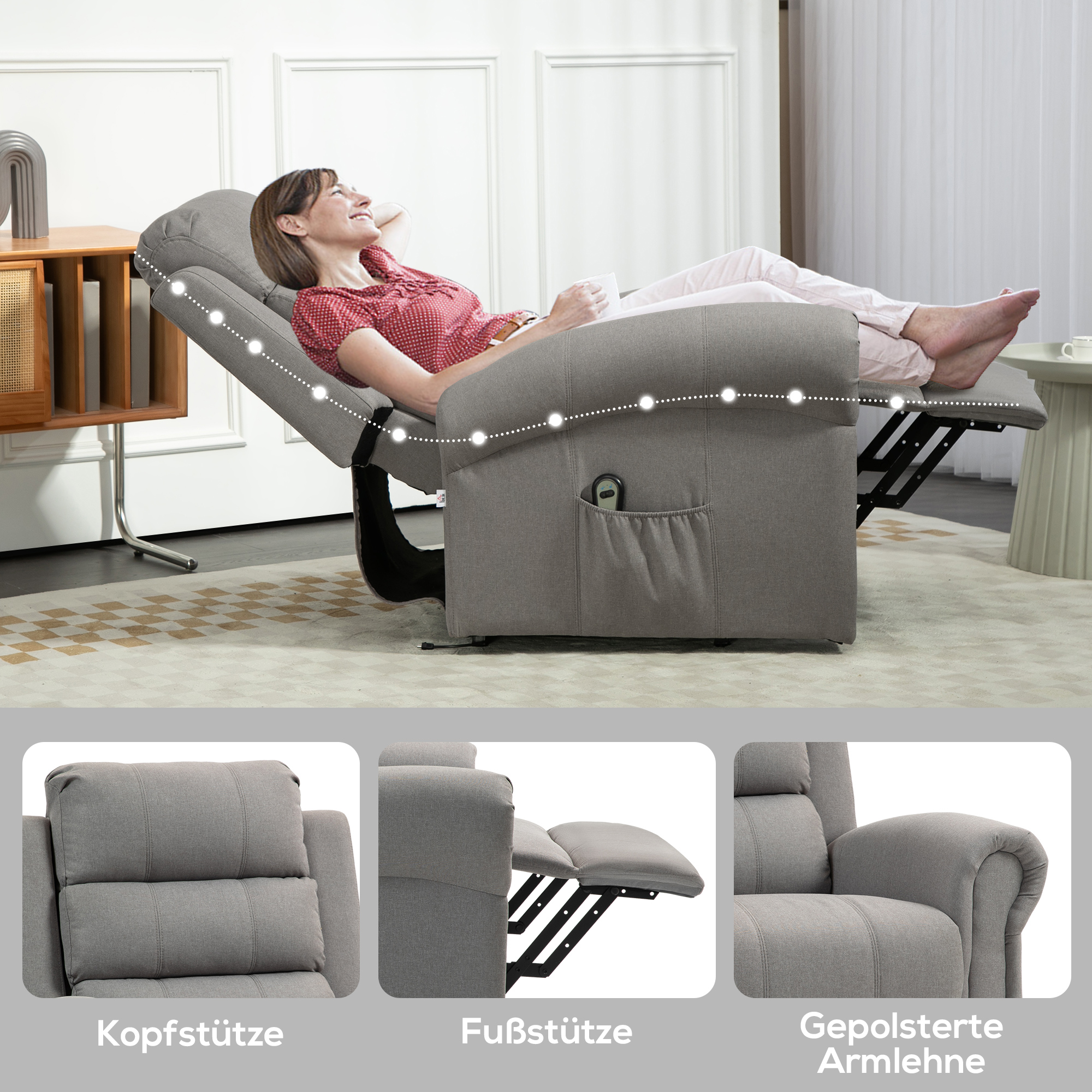 HOMCOM Relaxfauteuil met Opstahulp, 8 Massagepunten, Verwarmbare Rugleuning, Linnenlook, Grijs