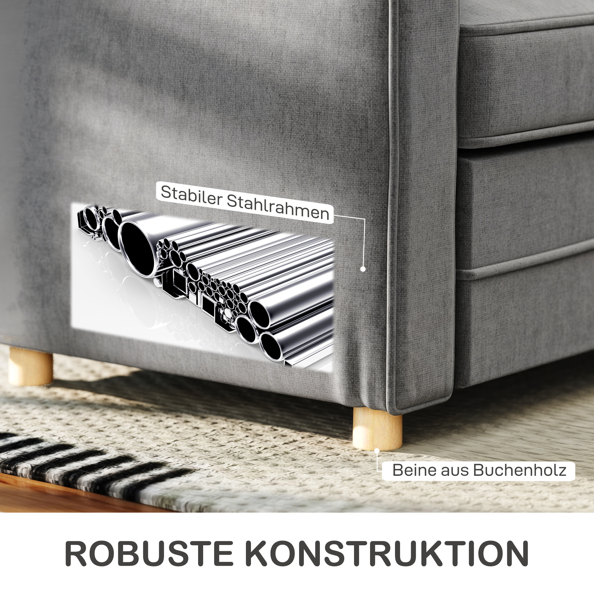 HOMCOM 2-zitsbank, Compacte Woonkamerbank, Stof in Linnenlook, Zachte Zitkussens, Stalen Frame, Donkergrijs