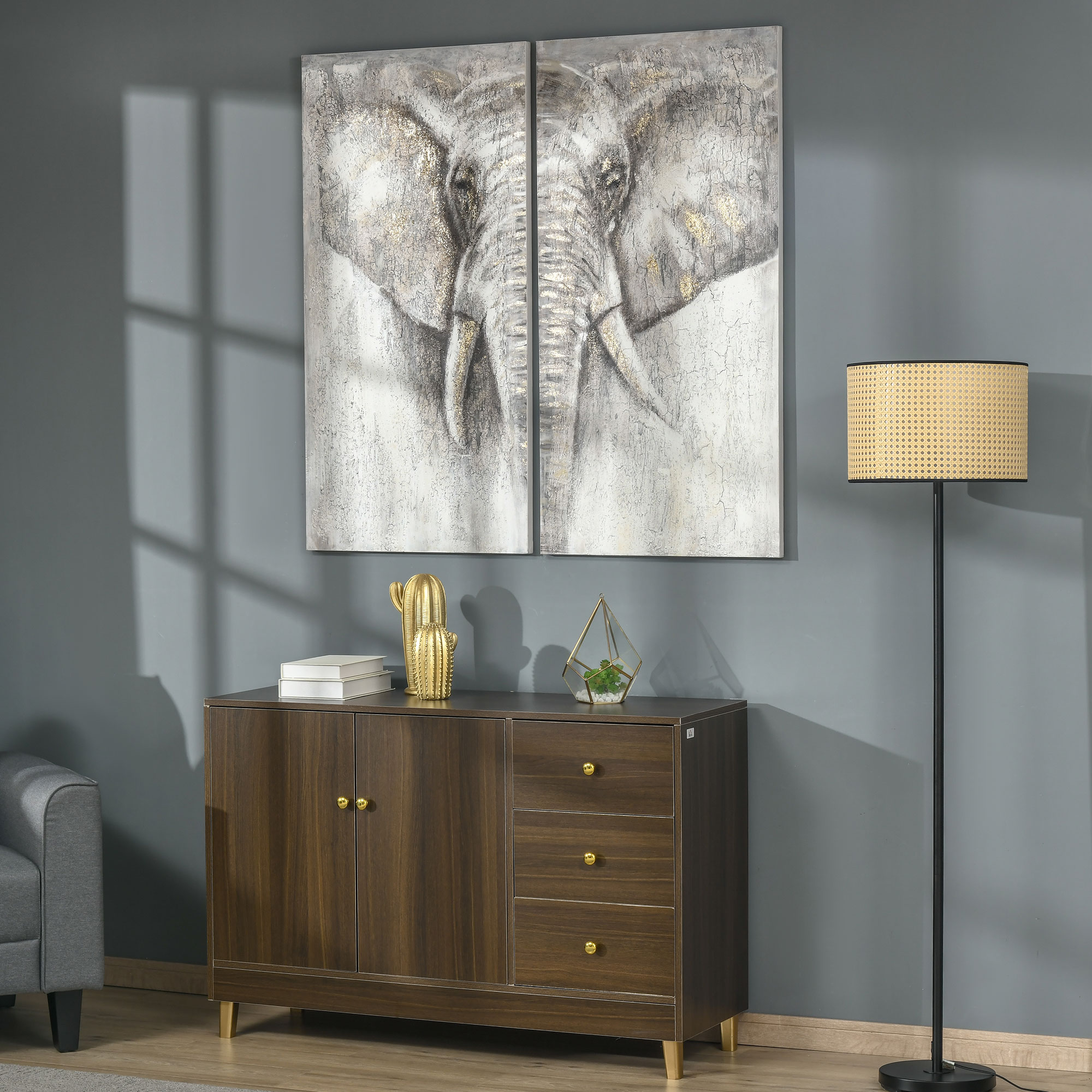 HOMCOM muurschilderingen, set van 2 stuks, wanddecoratie op canvas 'olifant' 120 x 120 x 2,8 cm
