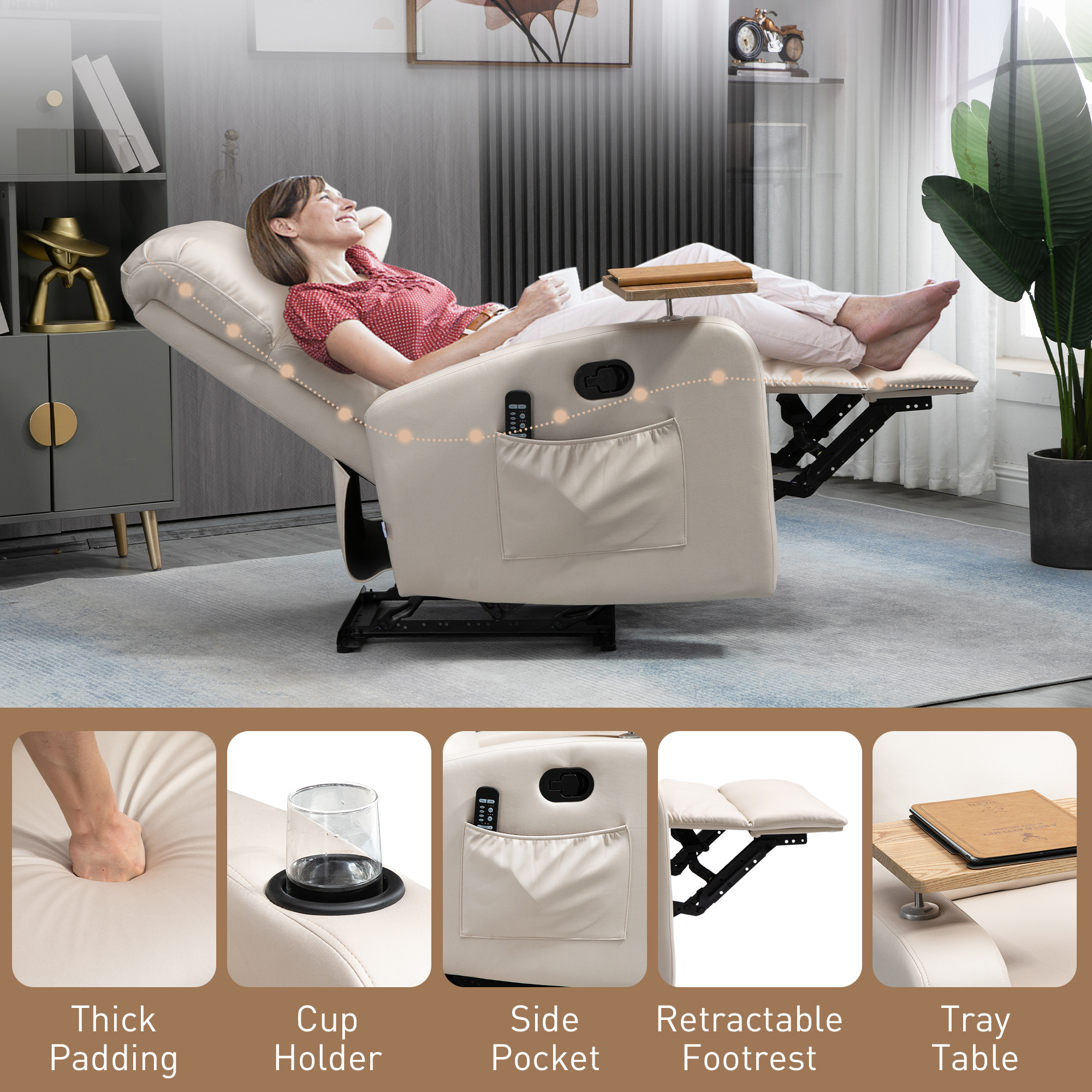 HOMCOM Massagestoel Relaxstoel Ligstoel, 1 Opklaptafel, 1 Voetensteun; 77 cm x 93 cm x 105 cm, Lichtgrijs