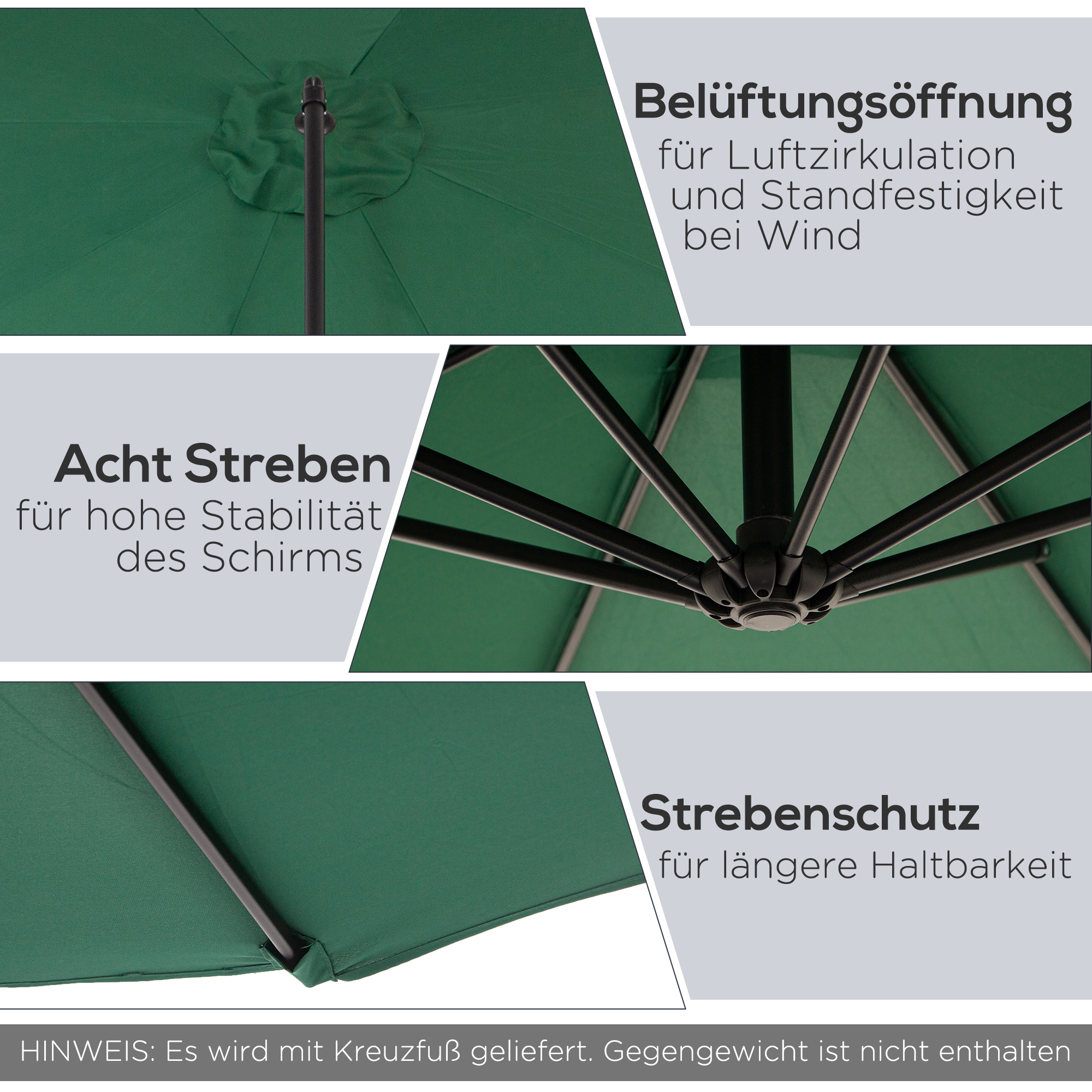 Outsunny Parasol met Handzwengel Weerbestendig 3 m x 3 m x 2,5 m XXL Groen