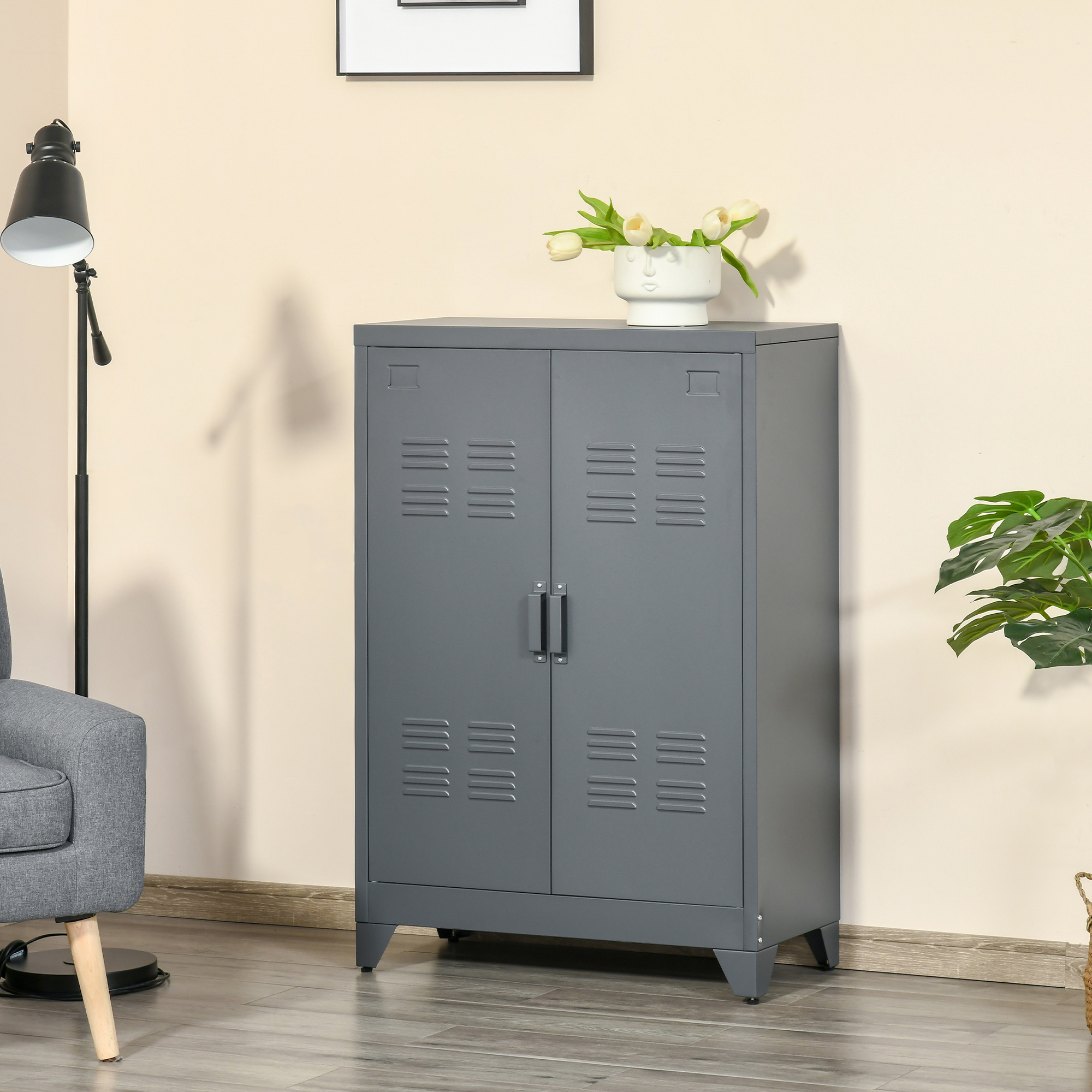 HOMCOM Dossierkast met Lamellendeuren, Opslagschrank, Metalen Schrank met 2 verstelbare planken, 75 x 33 x 110 cm, Grijs