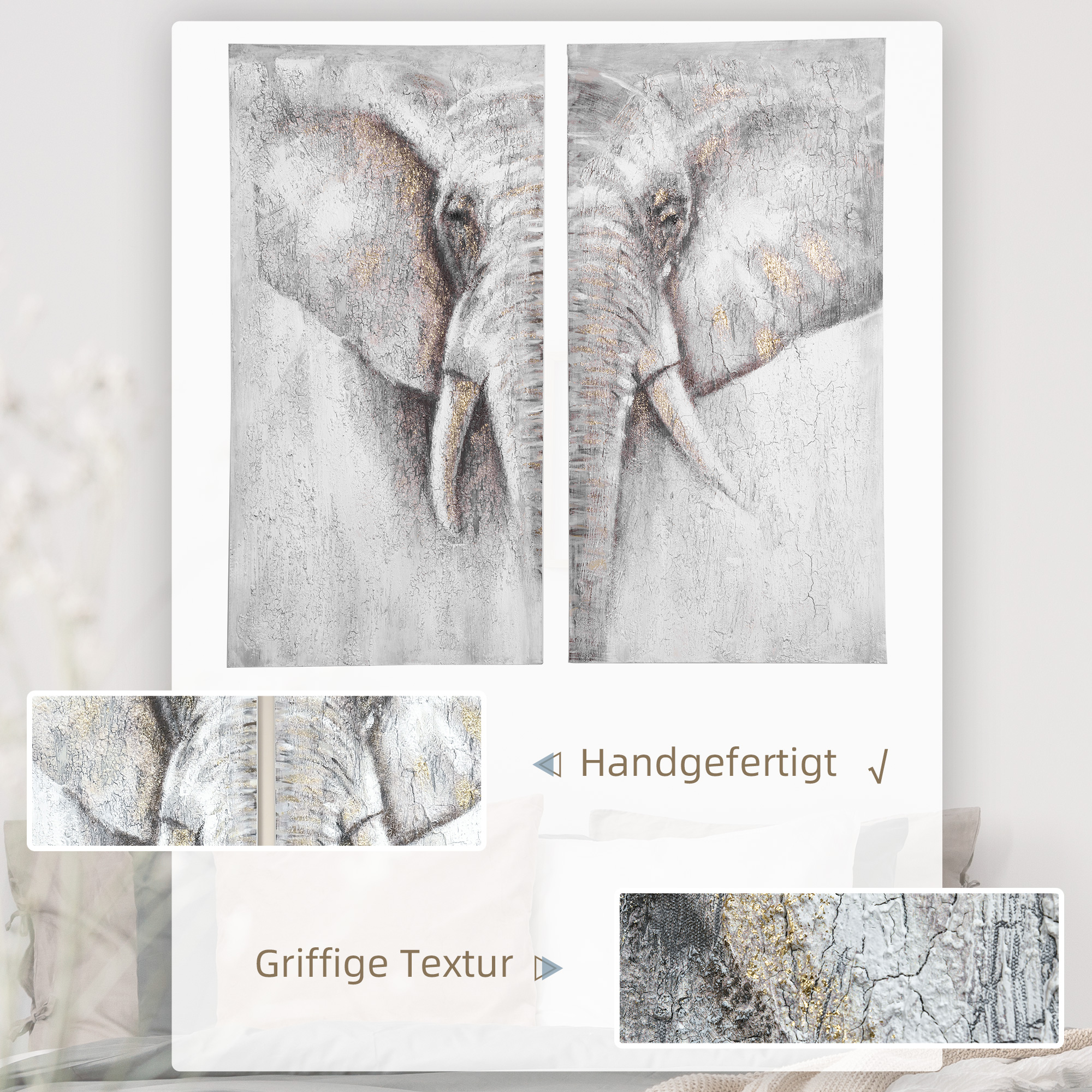 HOMCOM muurschilderingen, set van 2 stuks, wanddecoratie op canvas 'olifant' 120 x 120 x 2,8 cm