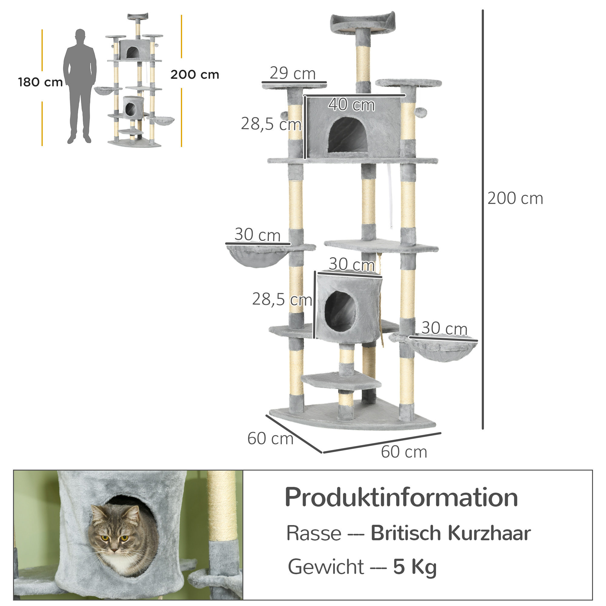 PawHut Krabpaal met 2 Hangmatten en 2 Kattenholen, Inclusief Speelgoed, Pluche en Sisaltouw - Lichtgrijs