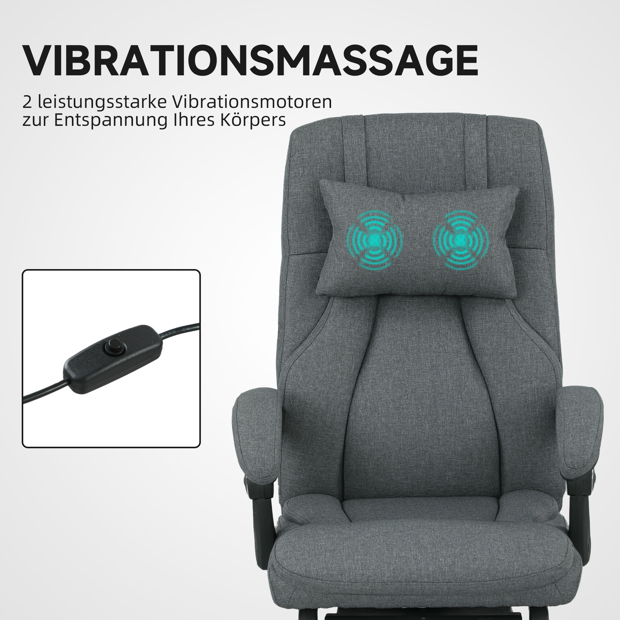 Vinsetto Massagewerkstoel, USB-aansluiting, draaibare wielen, Donkergrijs