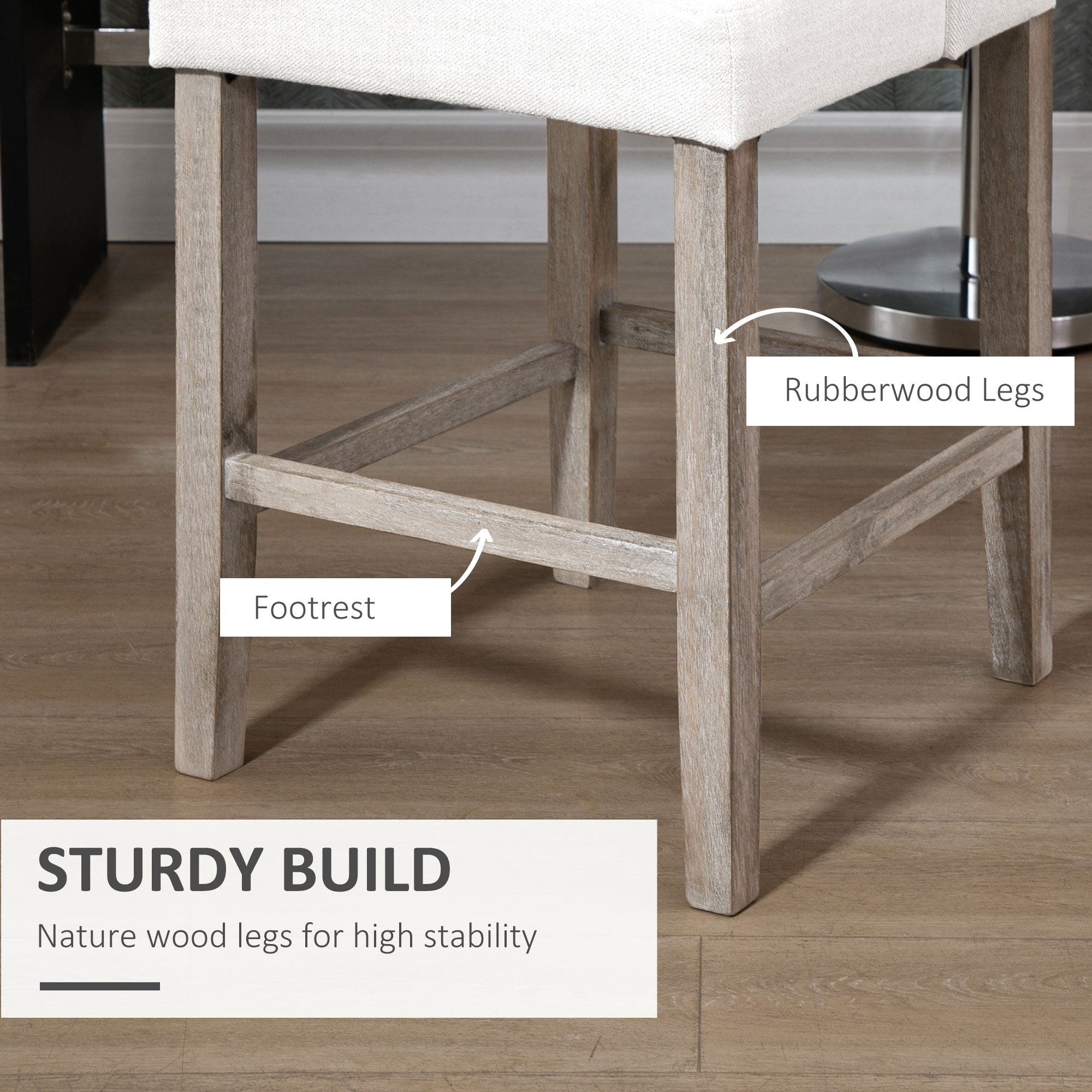 HOMCOM set van 2 barkrukken moderne keukenstoelen barkrukken voor keuken met lage rugleuning linnen touch rubberhout beige 47 x 50 x 101 cm