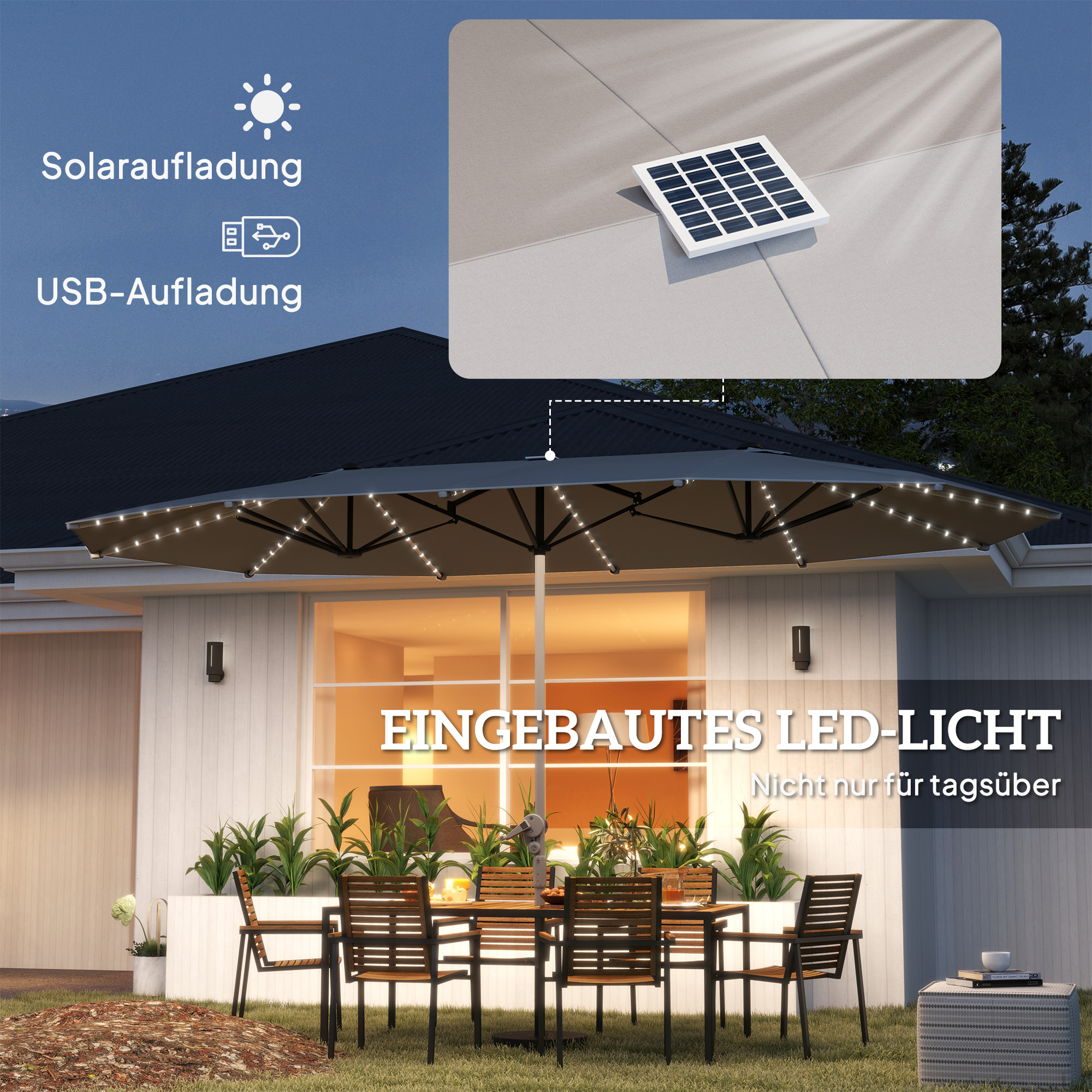 Outsunny Dubbele Parasol met Zonne-energie Verlichting, Aluminium, Polyester, UPF50+ Bescherming, UV-bestendig, Terras Parasol, Donkergrijs