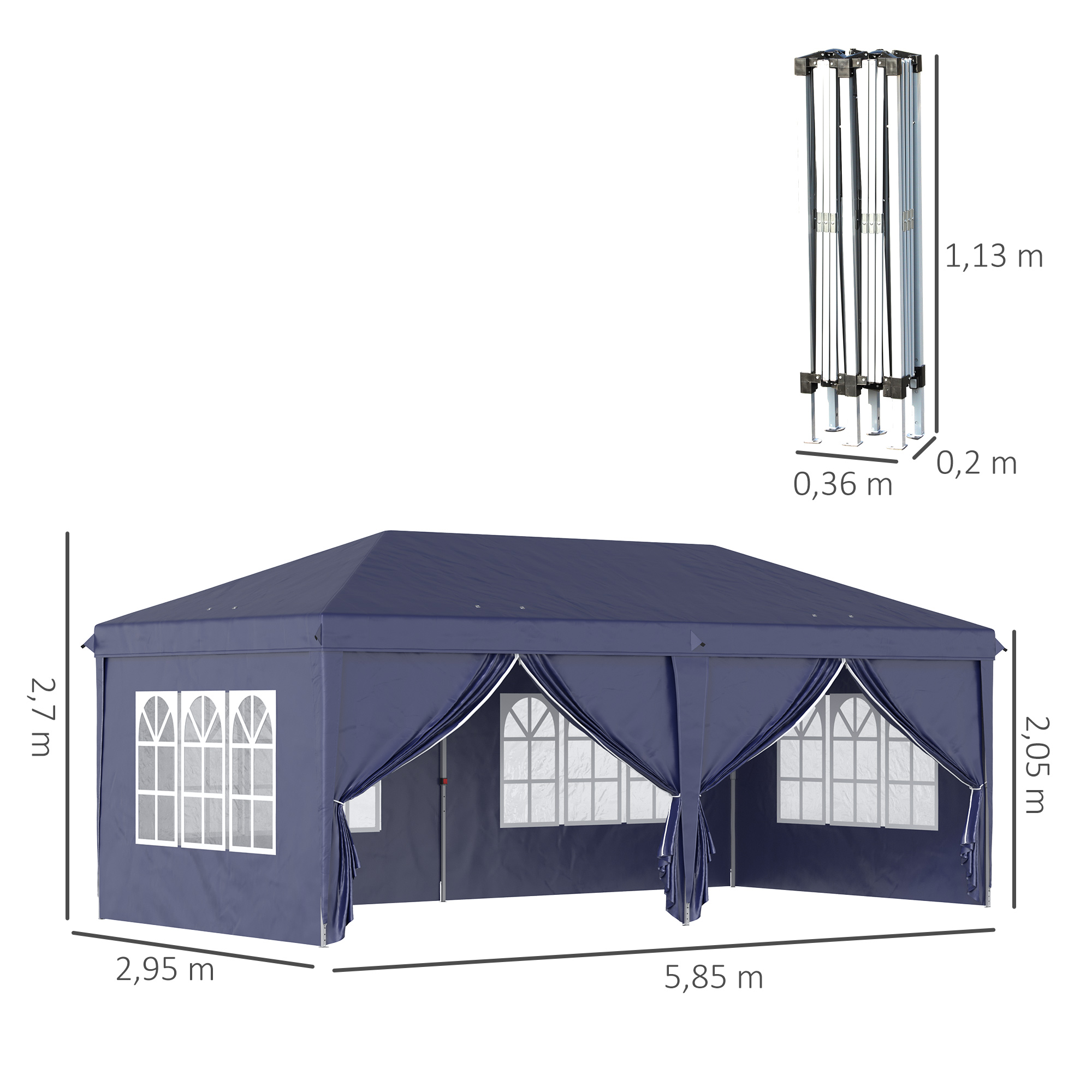 Outsunny Vouwtent van 6 x 3 m, verwijderbare zijwanden, grote ramen, deuren met ritssluiting, stalen frame, blauw