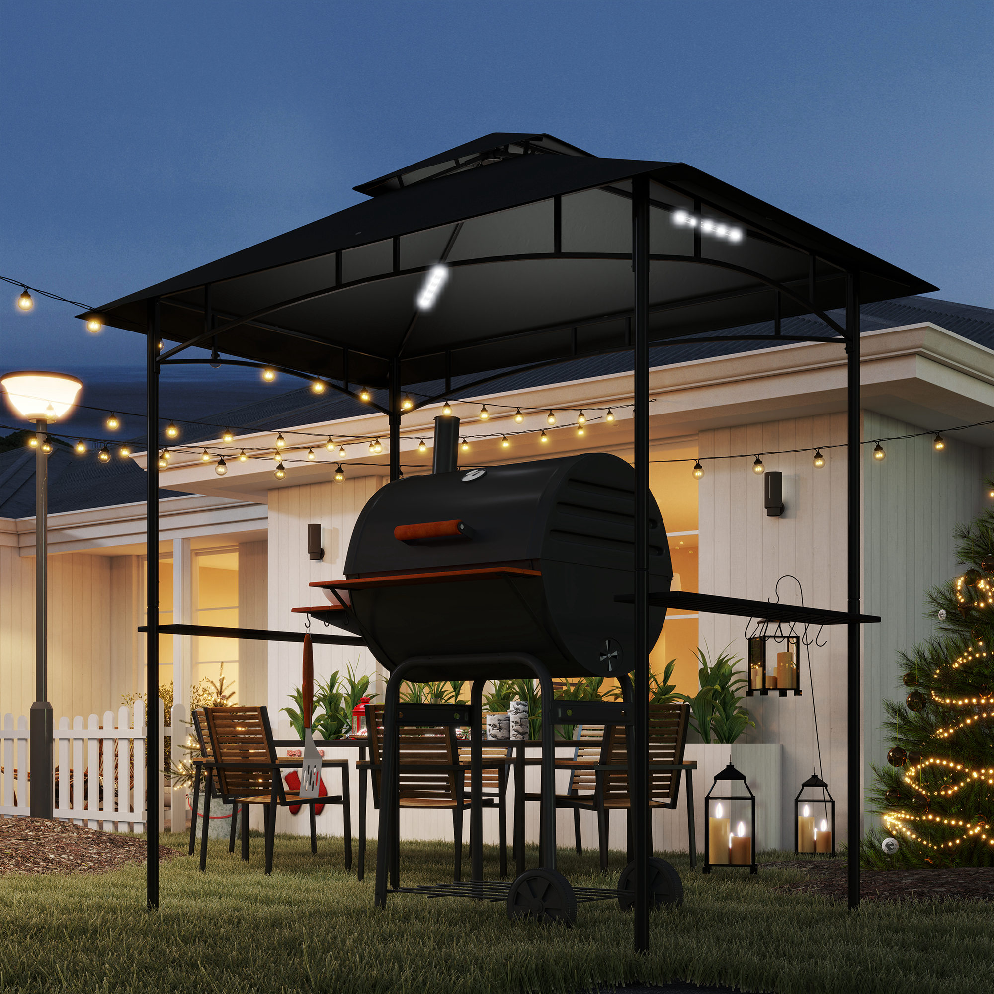 Outsunny Grillpaviljoen met LED-verlichting 240 x 150 x 258 cm Waterafstotend en Vlamvertragend Tuinpaviljoen met Dubbellaagsdak