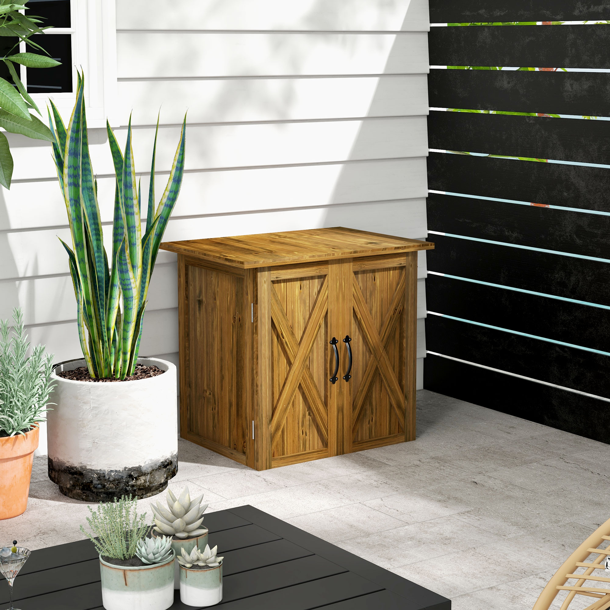 Outsunny Tuinhuisje met dubbele deuren, magneetsluitingen, weerbestendig, natuurlijk hout, 77B x 55D x 72H cm, bruin