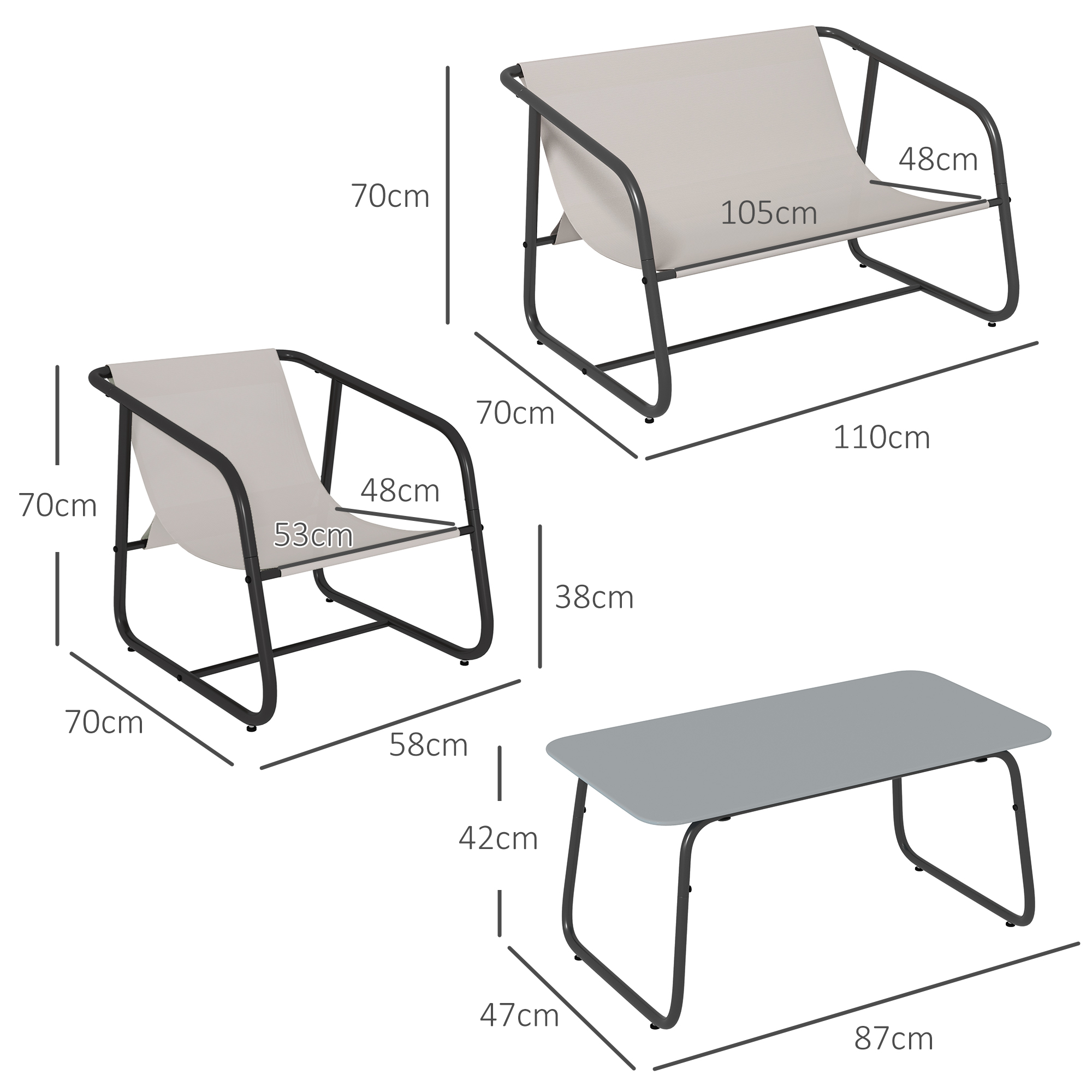 Outsunny 4-delige Tuinmeubelset Tuinzitgroep Loungemeubels, 1 Bank, 2 Stoelen, 1 Tafel, 110 x 70 x 70 cm, Crème + Zwart