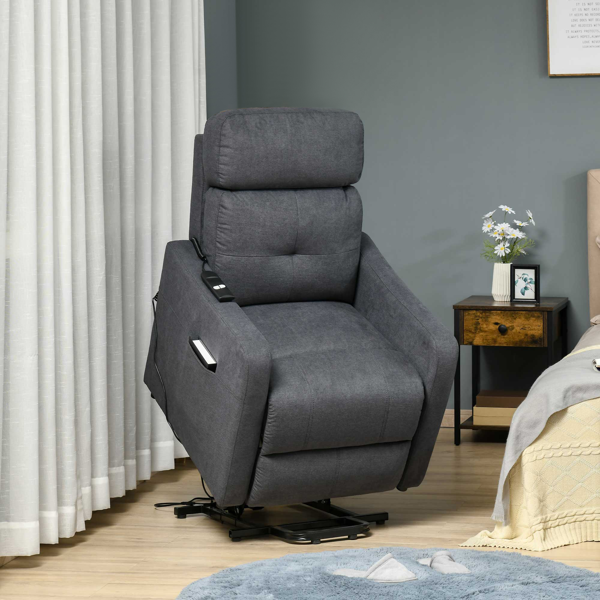 HOMCOM elektrische fauteuil TV fauteuil fauteuil met opstahulp Relax fauteuil met ligfunctie met afstandsbediening polyester stof grijs 71 x 94 x104 cm