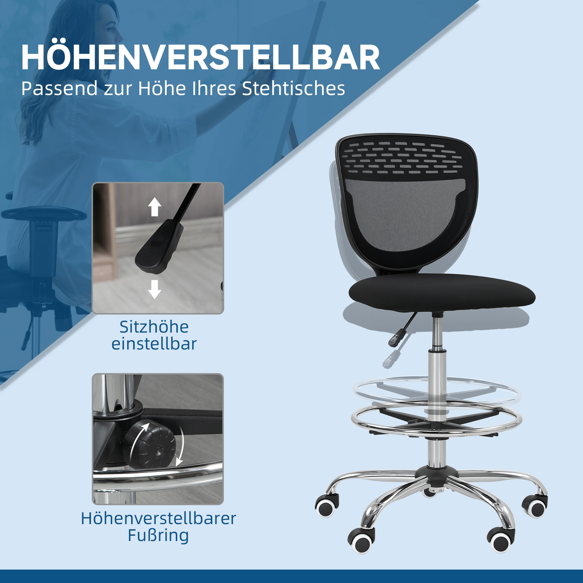 Vinsetto Bureaustoel, Werkstoel, Bureau Stoel, Hoogte Verstelbaar, Gevoerd, Zwart