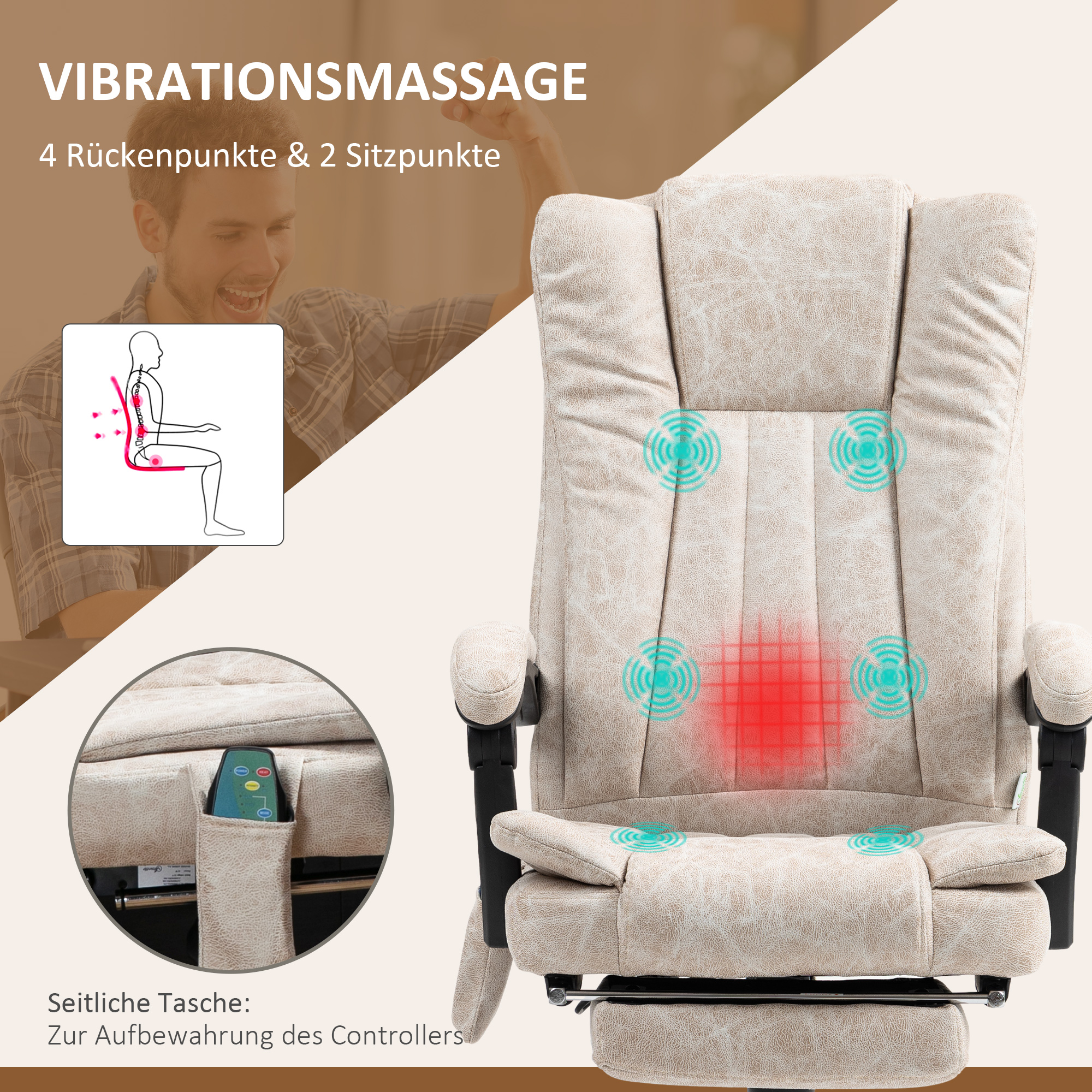 Vinsetto Bureaustoel met Massagefunctie, Ergonomische Schreibtischstoel met Ligfunctie, Verwarmingsfunctie en Zijzak, Crèmewit