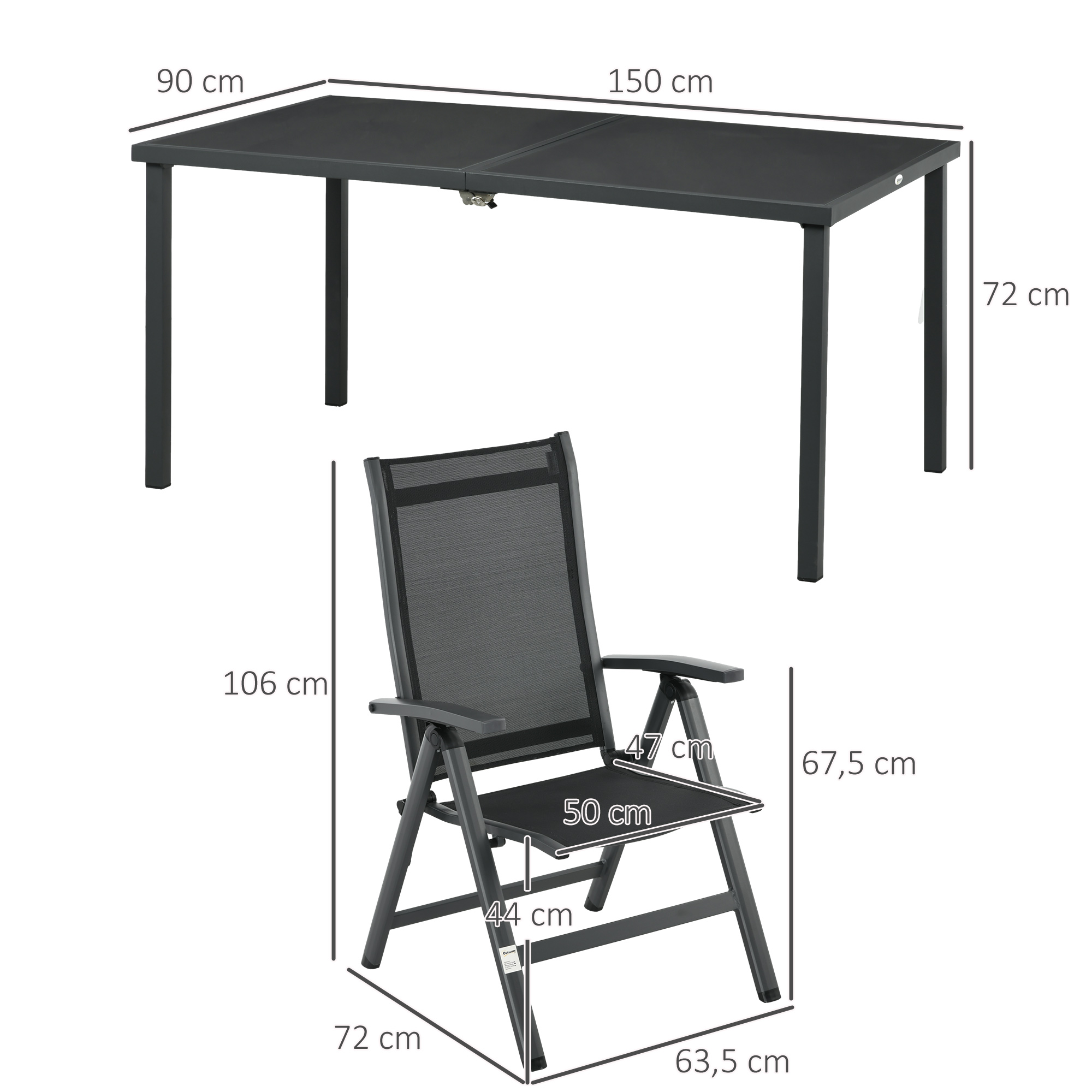 Outsunny Tuinset voor buiten, 4 inklapbare stoelen, tafel met glazen blad, verstelbare rugleuning, aluminium, donkergrijs