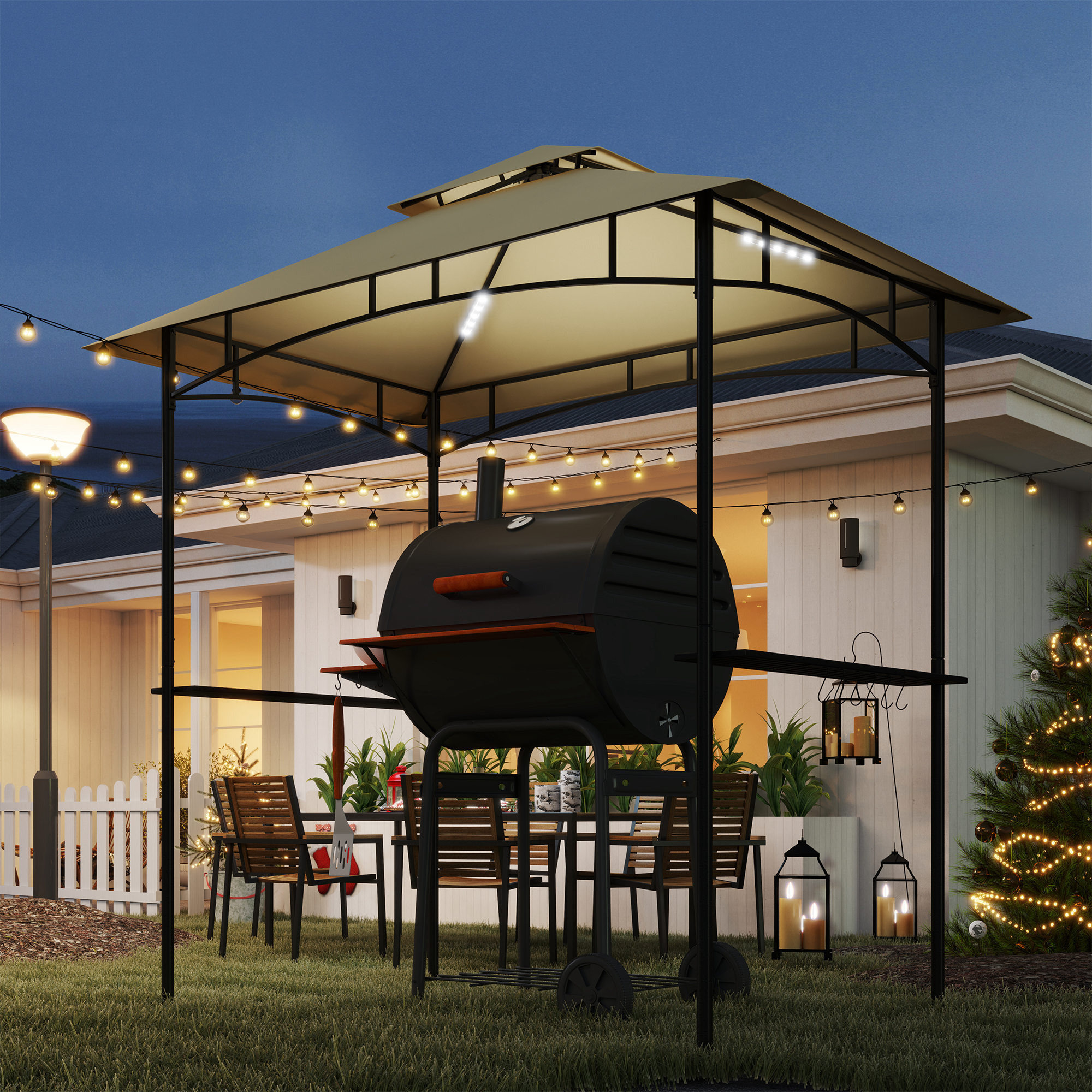 Outsunny Grillpaviljoen met LED 240 x 150 x 258 cm Waterafstotend Vlamvertragend Tuinpaviljoen met Dubbellaagse Overkapping