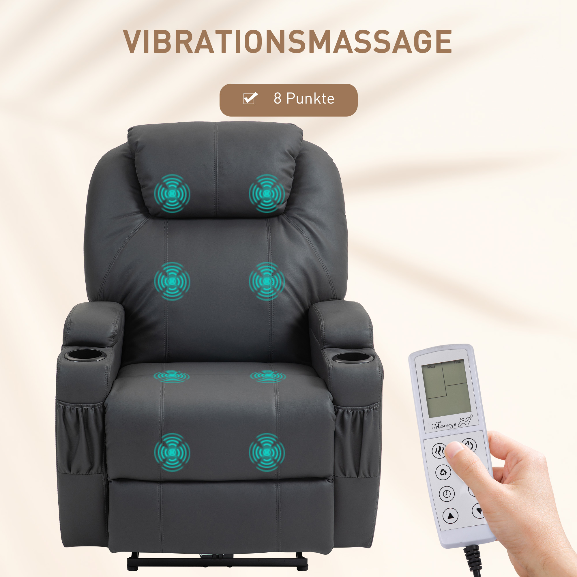 HOMCOM Massagestoel, elektrisch verstelbaar, 8 vibratiepunten, bekerhouder, kunstleer, donkergrijs