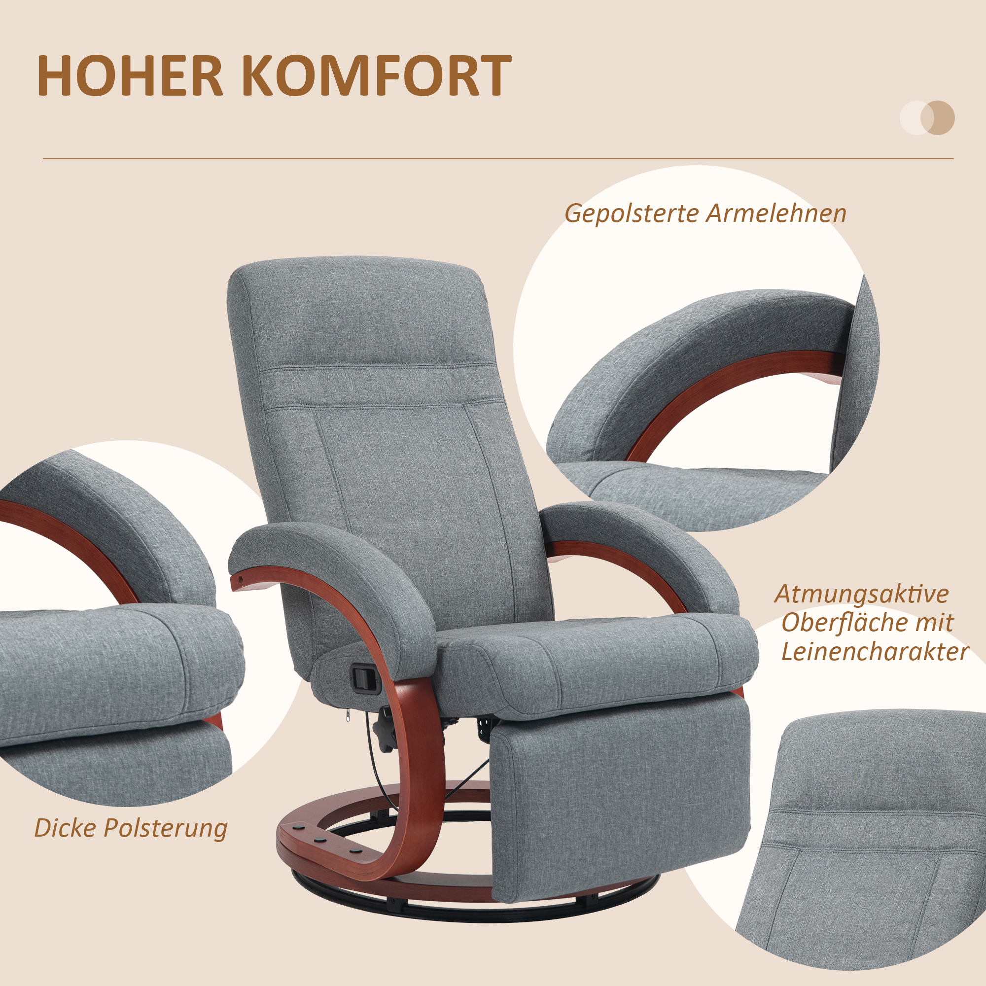 HOMCOM Relaxfauteuil met Opklapbare Voetensteun, Draaibaar, Kantelbare Rugleuning, Linnenlook, Tot 140 kg, Grijs