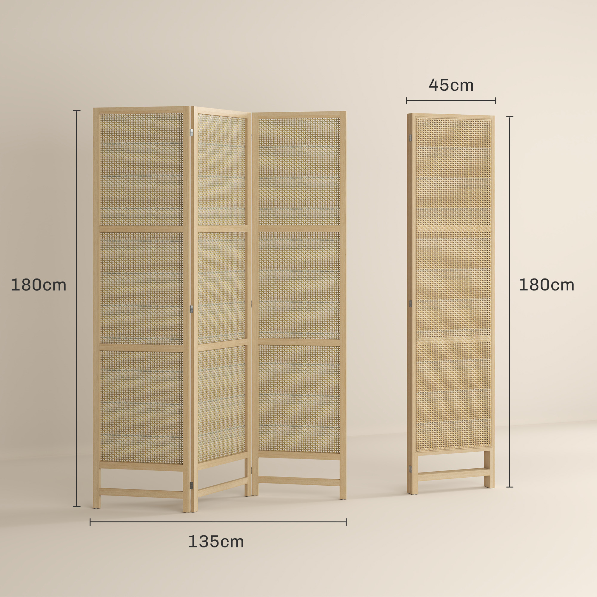 HOMCOM Driedelige, Opvouwbare Kamerscherm, 180 cm Vrijstaande Scheidingswand met Handgeweven Design voor Thuis, Natuur