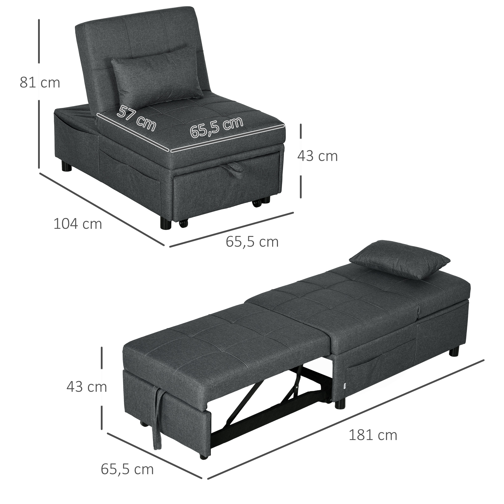HOMCOM Ligstoel Slaapstoel 3-in-1 Stoel, linnenlook, inclusief kussen, 65,5 cm x 104 cm x 81 cm, Donkergrijs