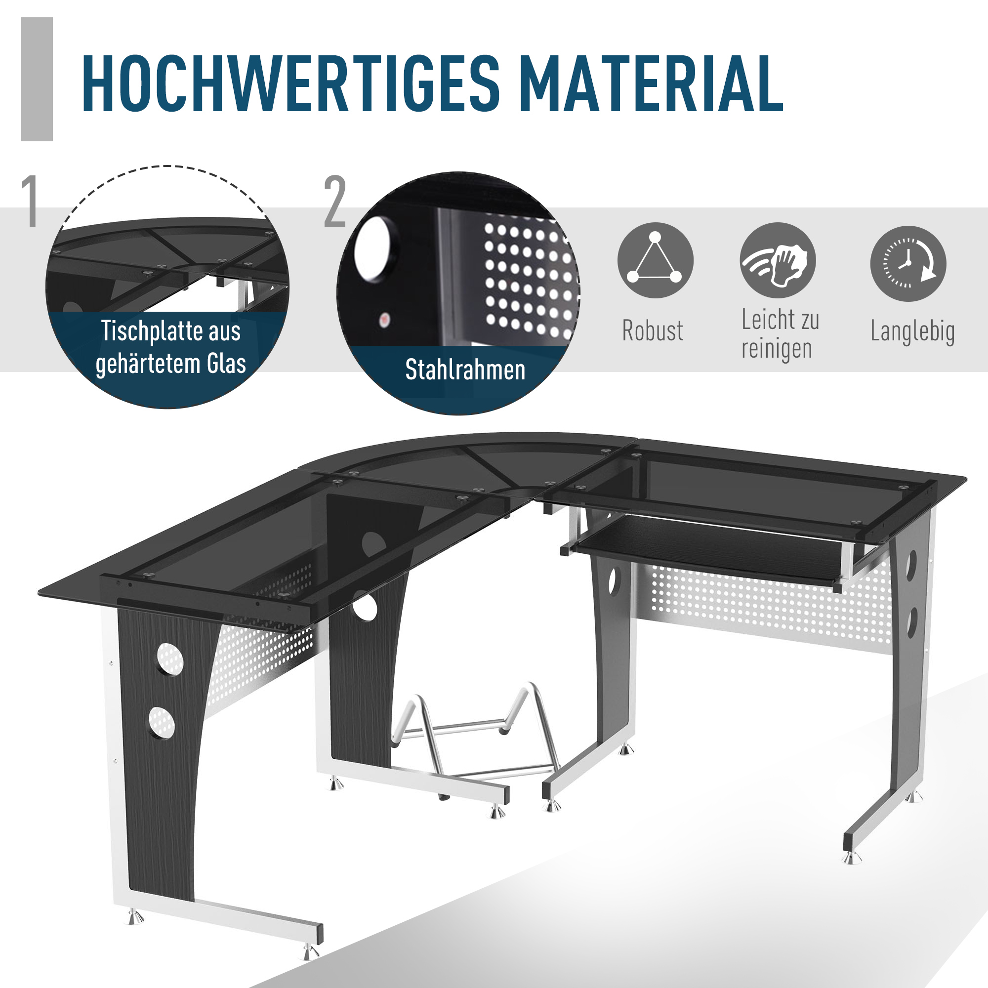 HOMCOM Computertafel hoekschrijftafel PC-tafel kantoortafel met veiligheidsglas