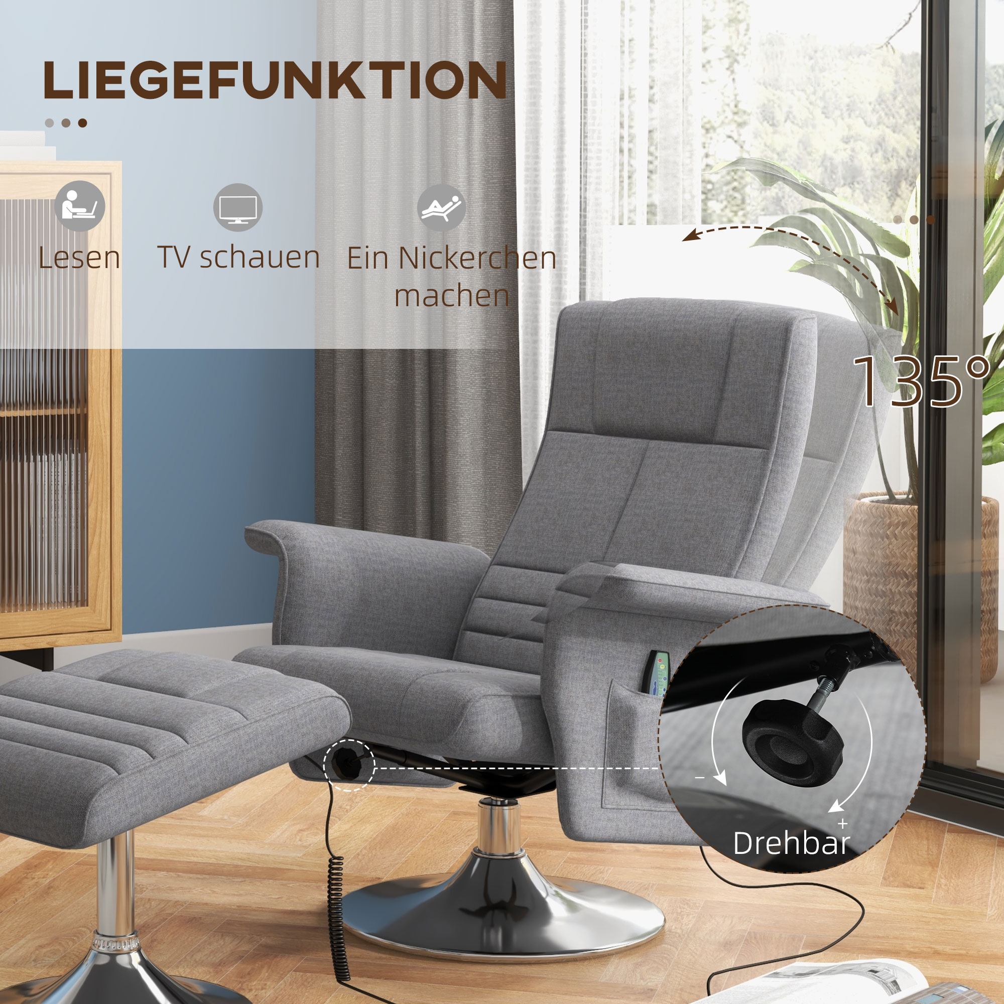 HOMCOM Massagestoel Relaxfauteuil, met Ottomaanse, 8 Vibratiekoppen, Kantelfunctie, 78cm x 90cm x 93cm, Donkergrijs