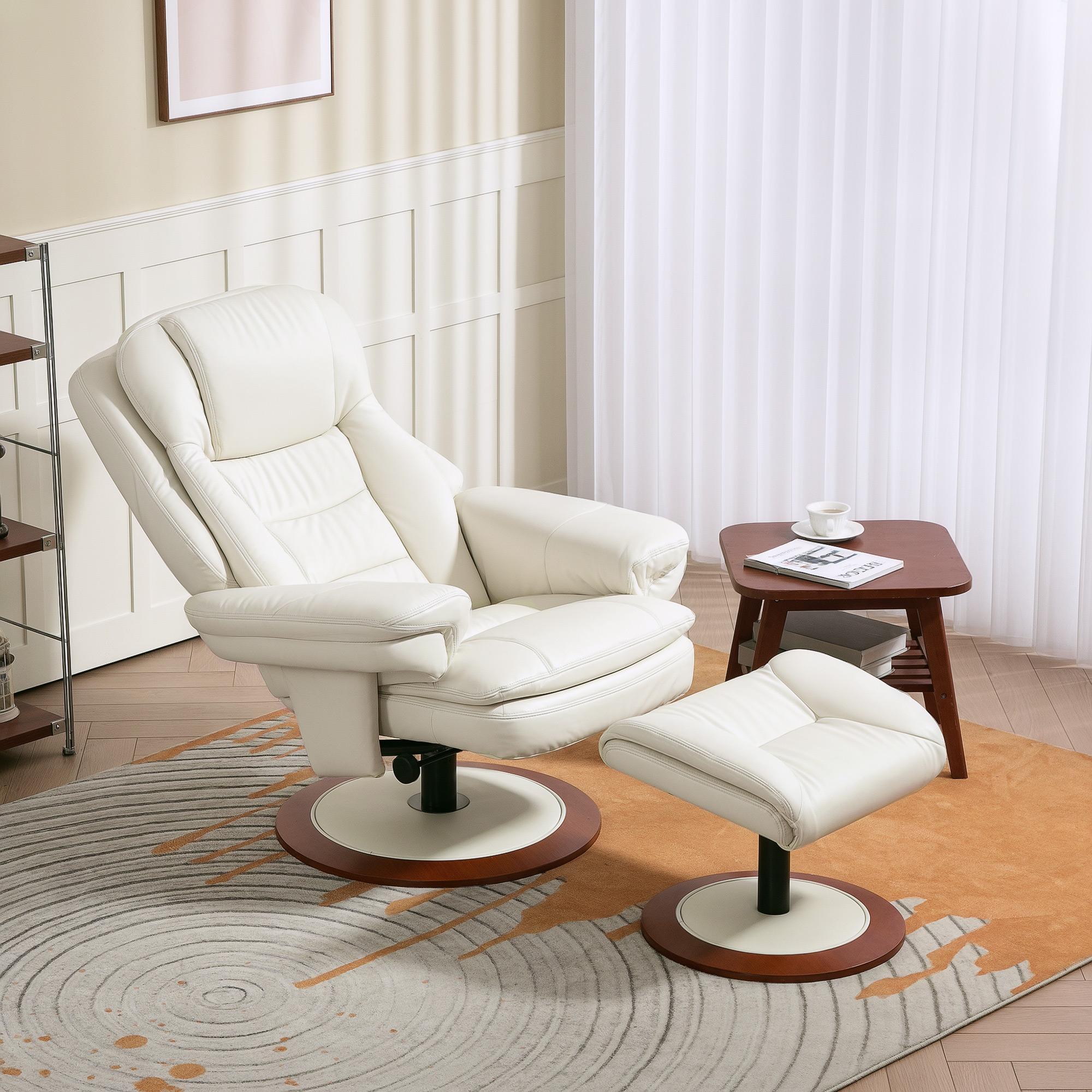 HOMCOM Relaxfauteuil met Voetenbank, 360° Draaibaar, Ergonomisch, Kunstleer, 94 x 98 x 104 cm, Crèmewit