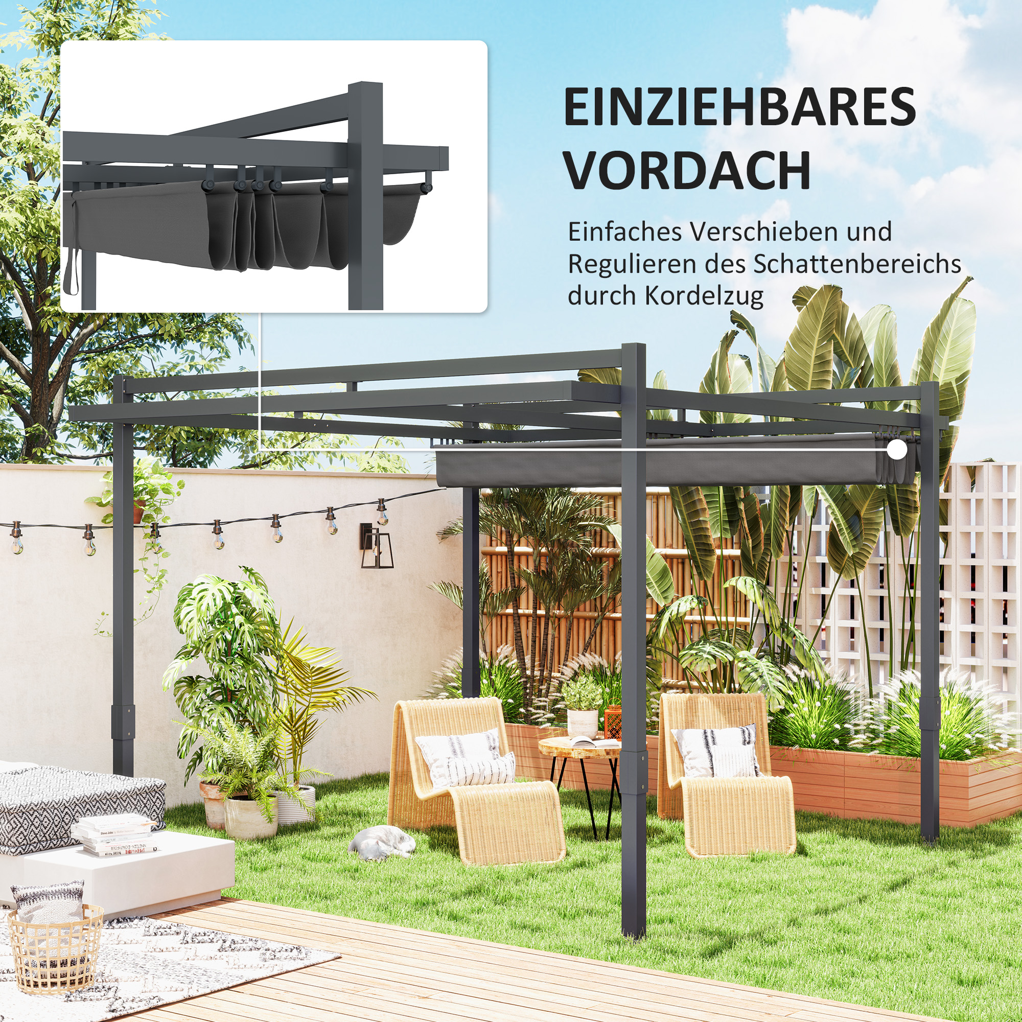 Outsunny Pergola met Schuifdak ca. 3,5x3m Aluminium Duurzaam Winterbestendige Zonwering Grijs