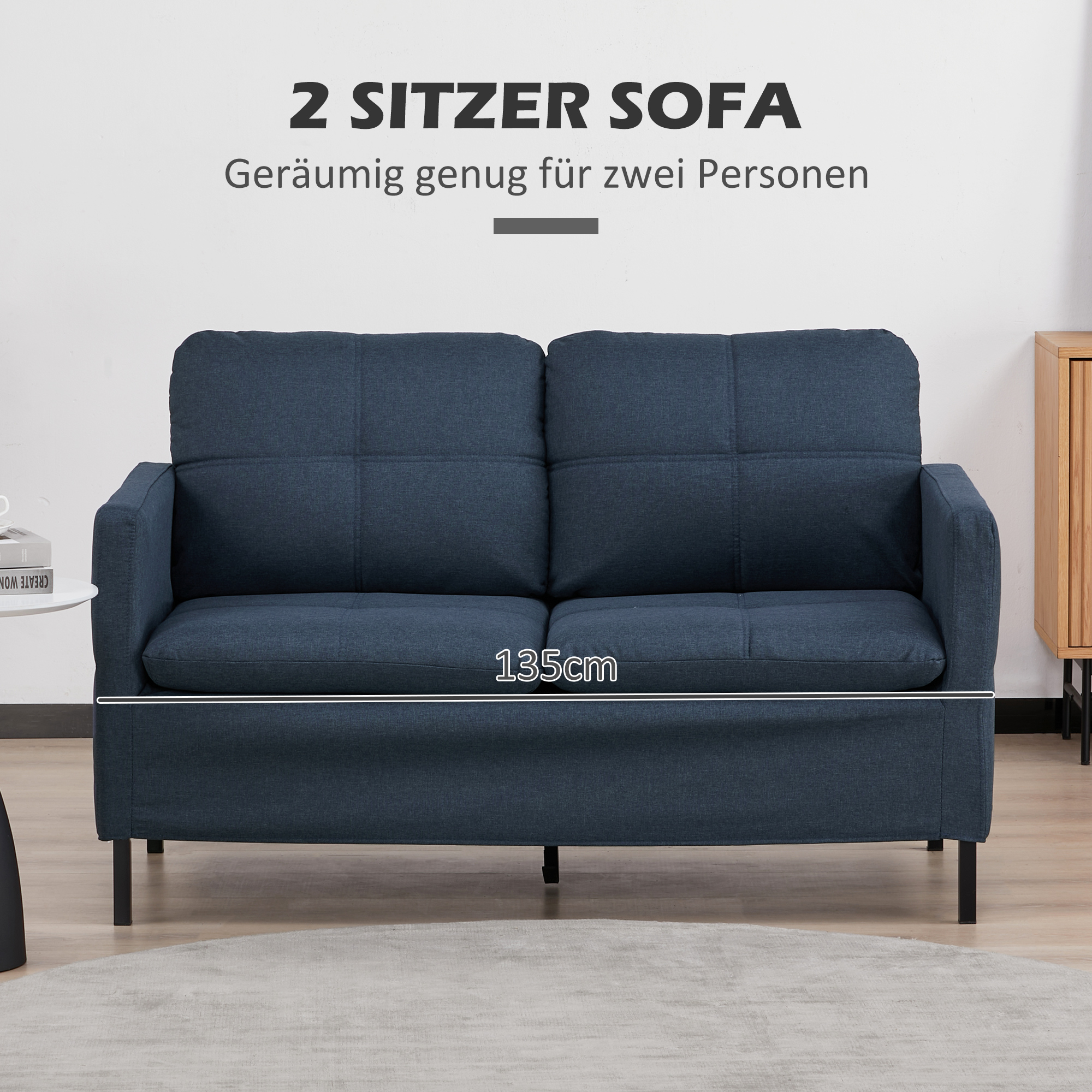 HOMCOM Tweezitsbank, Brede Armleuningen, Ademende Stof, Schuimvulling, 135 x 67 x 80 cm, Donkerblauw