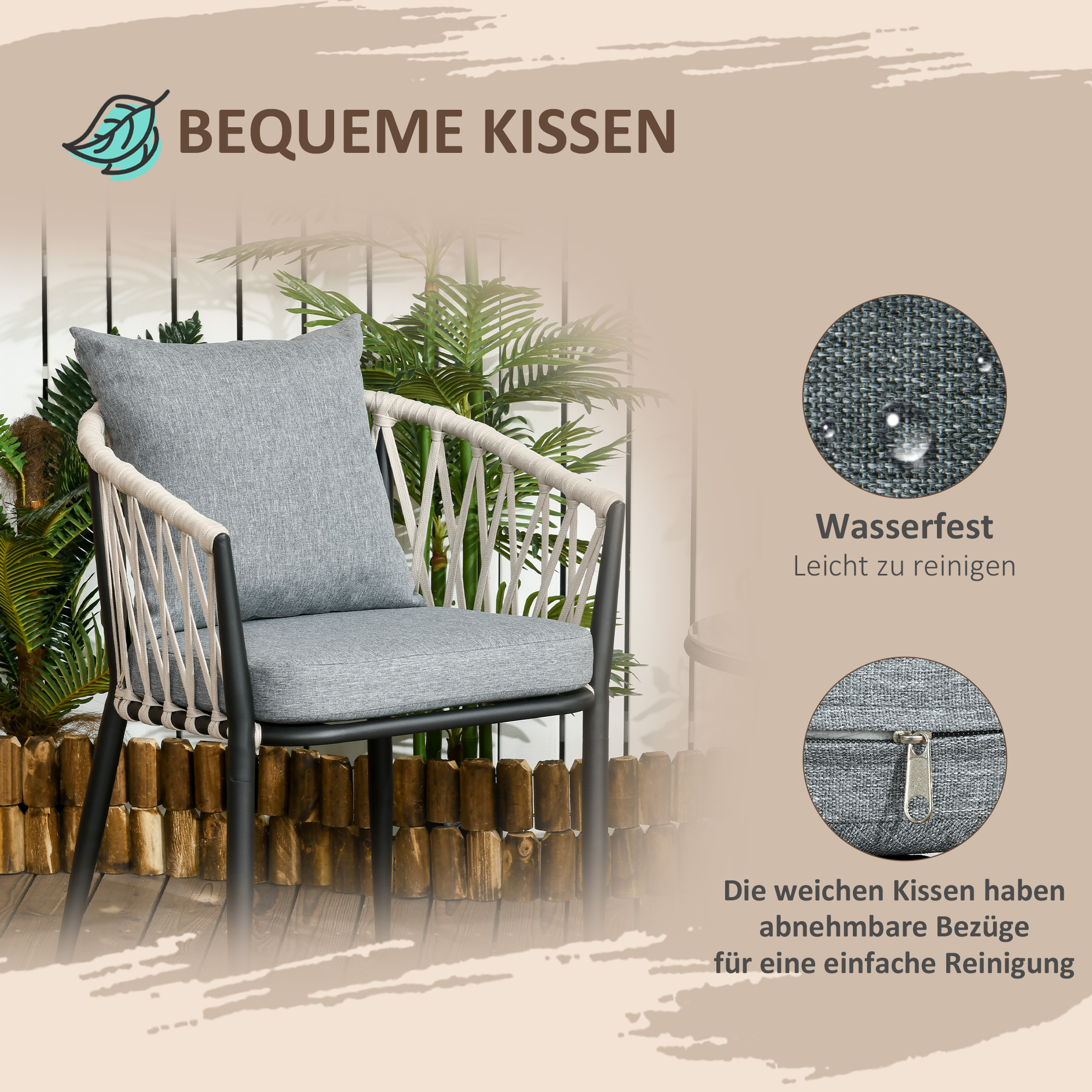 Outsunny 3 delen Tuinmeubelset, balkonset incl. 1 tafel, 2 stoelen staal, grijs