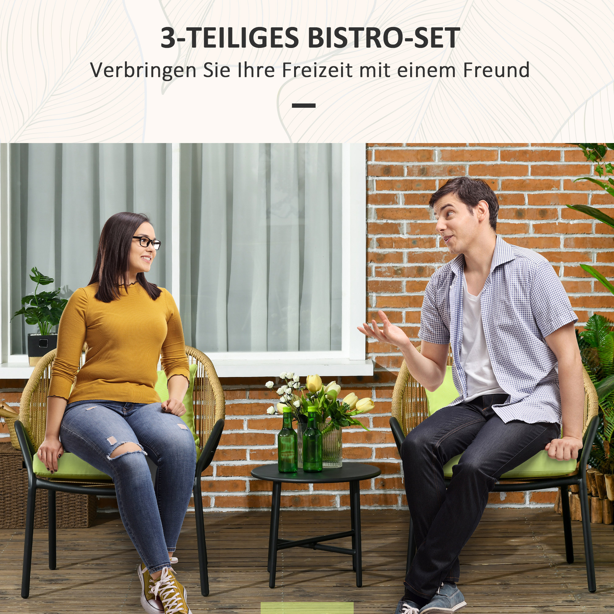 Outsunny Rattan Terrasmeubelset, 3-delig, zit- en rugkussens, kunstrattan, metalen frame, groen