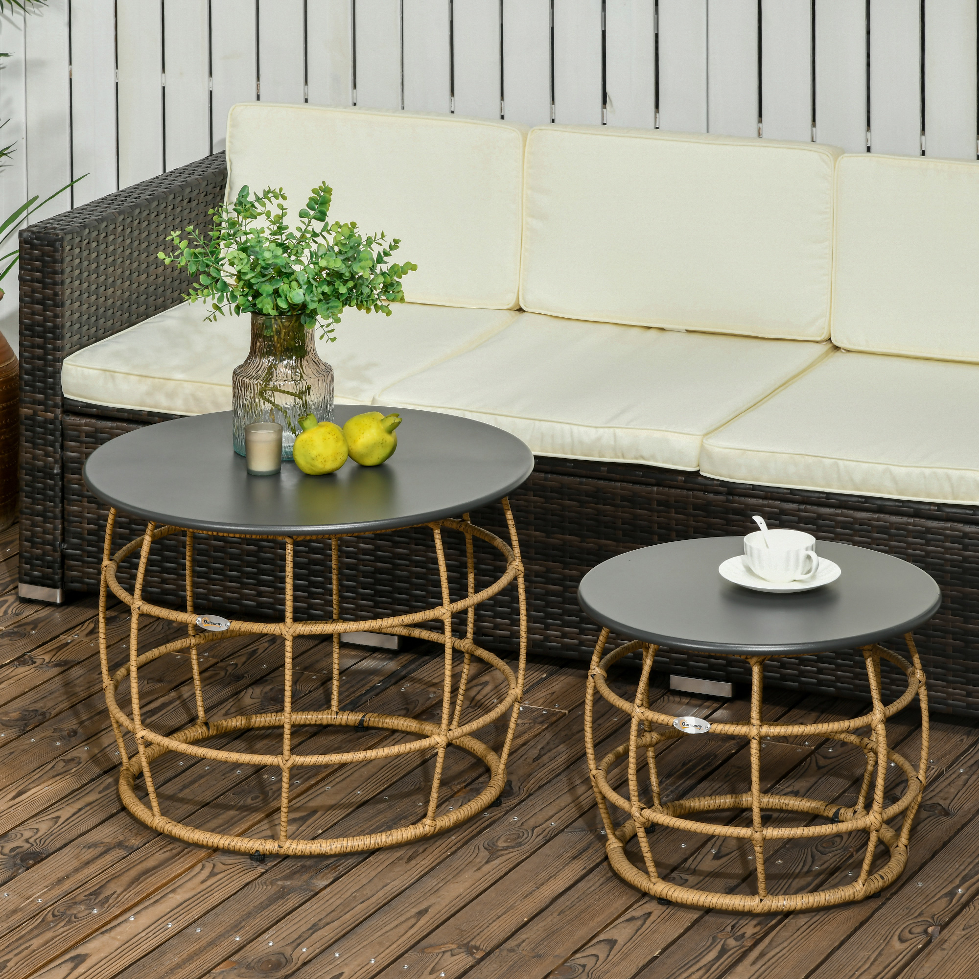 Outsunny set van 2 tuintafels in boho-stijl, weerbestendig, stapelbaar, 60 cm x 60 cm x 47 cm, naturel + donkergrijs