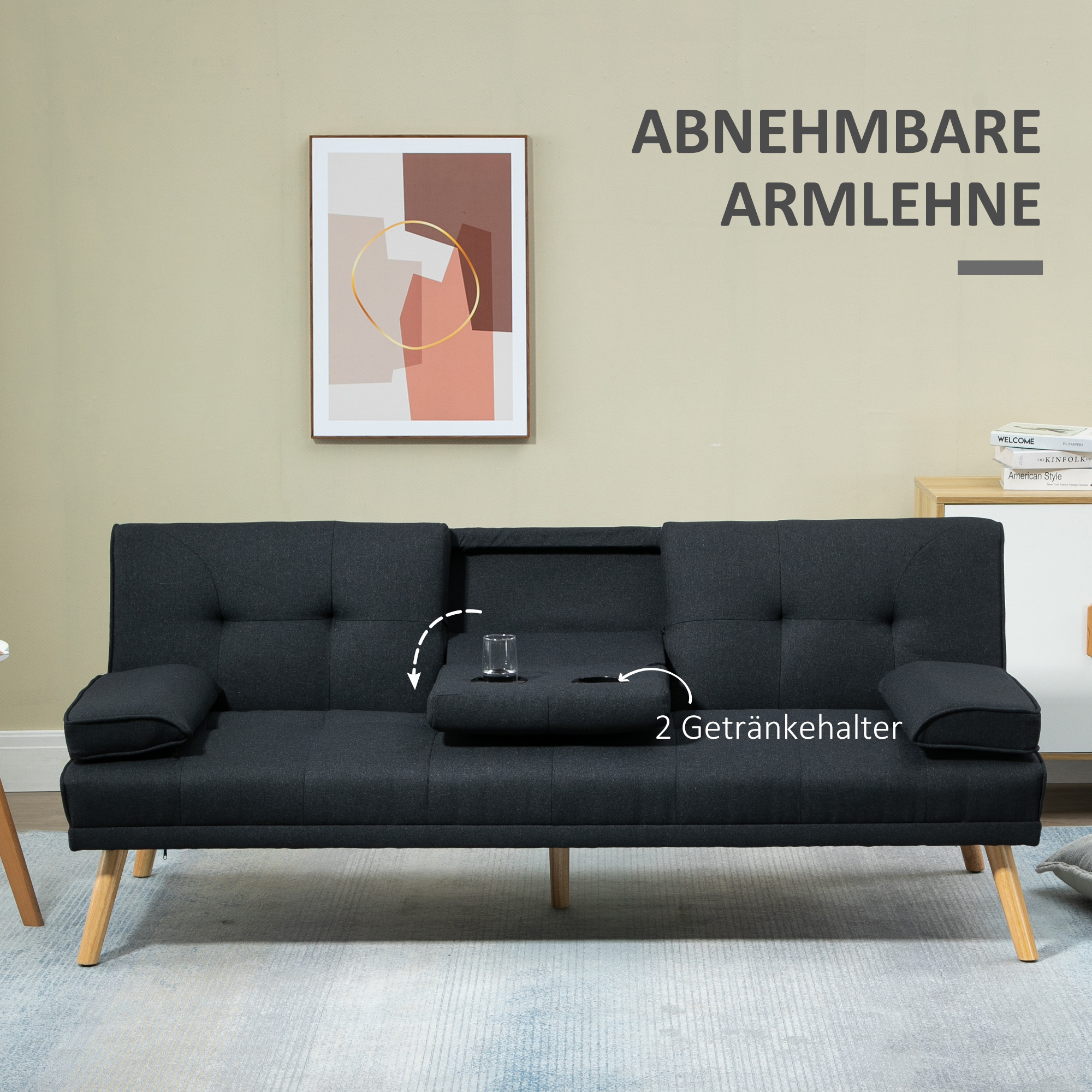 HOMCOM Slaapbank, Logeerbed, Verstelbare Rugleuning, Opklapbare Tafel, 181x77x78 cm, Grijs/Hout