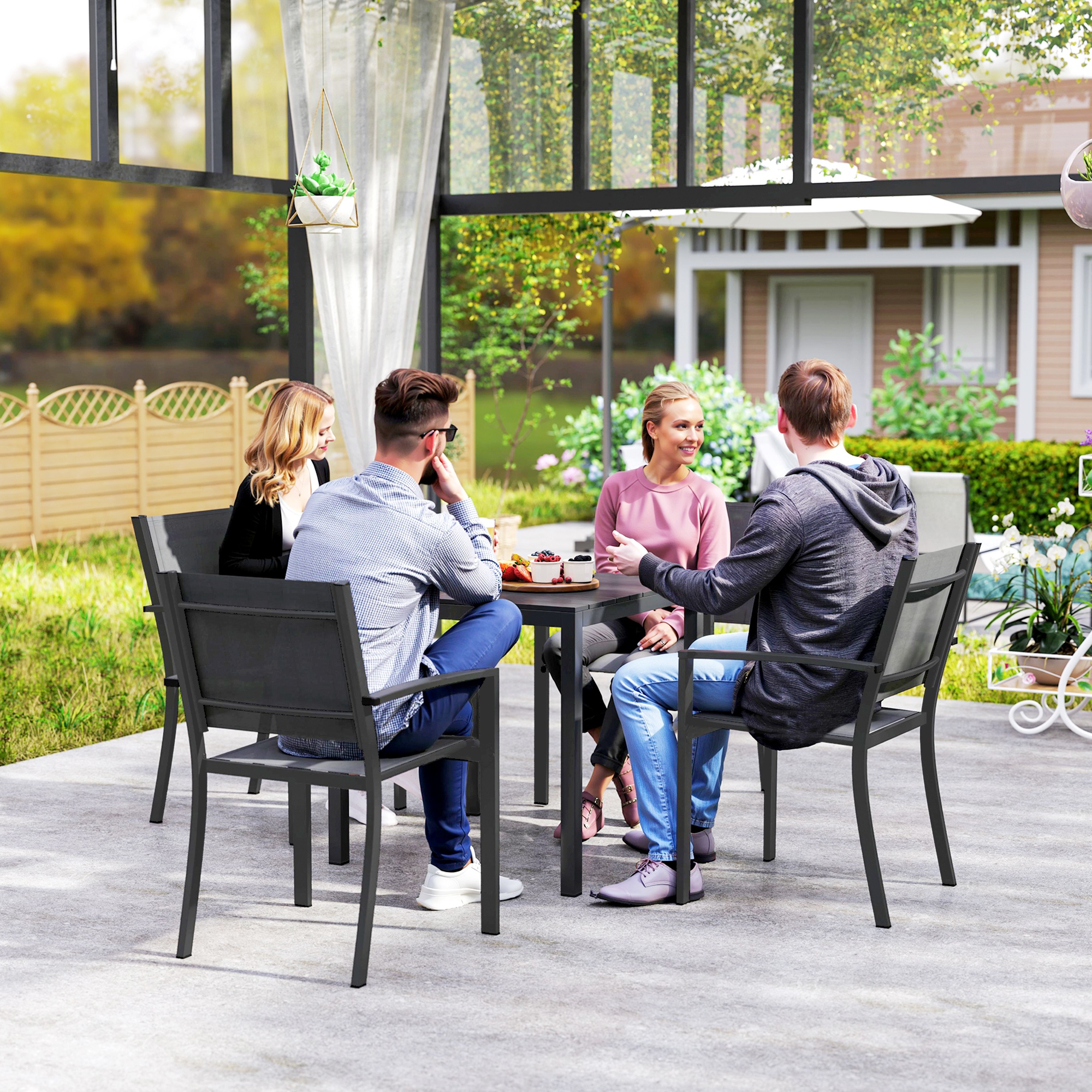 Outsunny Tuintafel Aluminium 73x73 cm Weerbestendig Buffettafel met Houtlook, Campingtafel voor 4 Personen Zwart