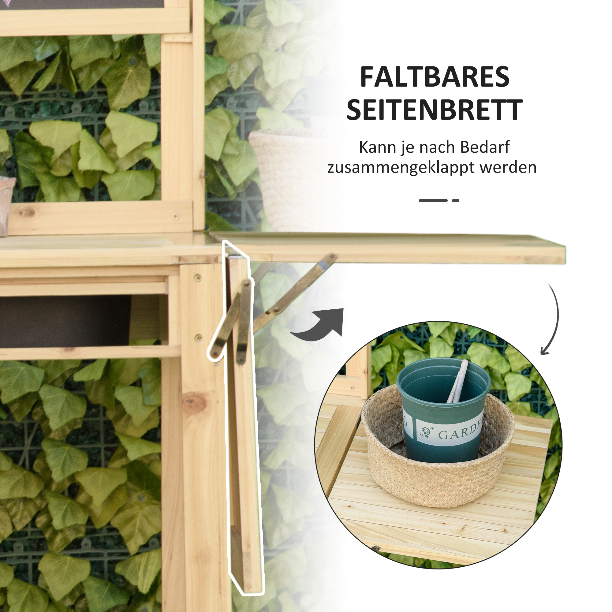 Outsunny plantentafel tuintafel met 8 haken ladeplank bloementafel van hout voor tuinterras naturel 151 x 45,5 x 143 cm